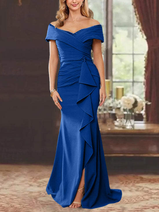 Vestidos de corte recto/columna, sin mangas, con hombros descubiertos y largo hasta el suelo, para la madre de la novia, con volantes. 