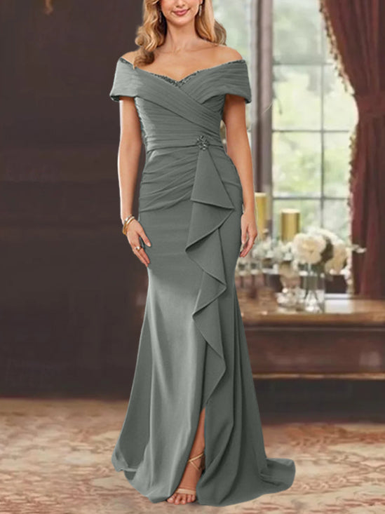 Vestidos de corte recto/columna, sin mangas, con hombros descubiertos y largo hasta el suelo, para la madre de la novia, con volantes. 