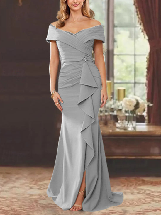 Vestidos de corte recto/columna, sin mangas, con hombros descubiertos y largo hasta el suelo, para la madre de la novia, con volantes. 