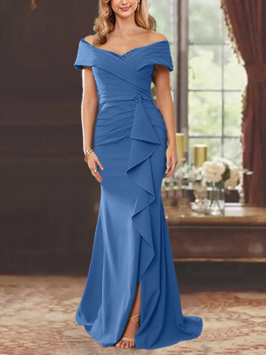 Vestidos de corte recto/columna, sin mangas, con hombros descubiertos y largo hasta el suelo, para la madre de la novia, con volantes. 