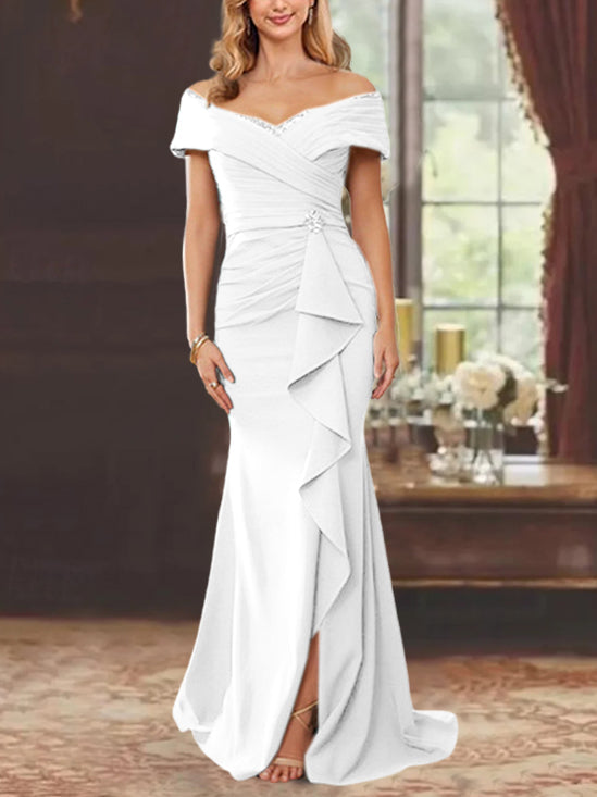 Vestidos de corte recto/columna, sin mangas, con hombros descubiertos y largo hasta el suelo, para la madre de la novia, con volantes. 