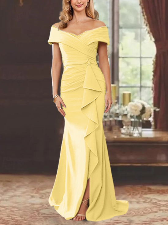 Vestidos de corte recto/columna, sin mangas, con hombros descubiertos y largo hasta el suelo, para la madre de la novia, con volantes. 