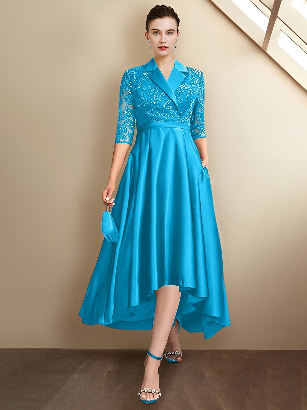 Robes fourreau/colonne à col en V et longueur thé pour la mère de la mariée 