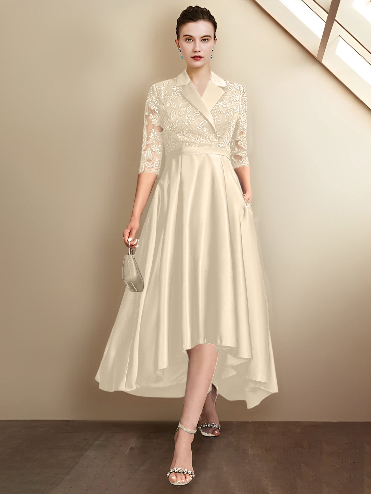 Robes fourreau/colonne à col en V et longueur thé pour la mère de la mariée 