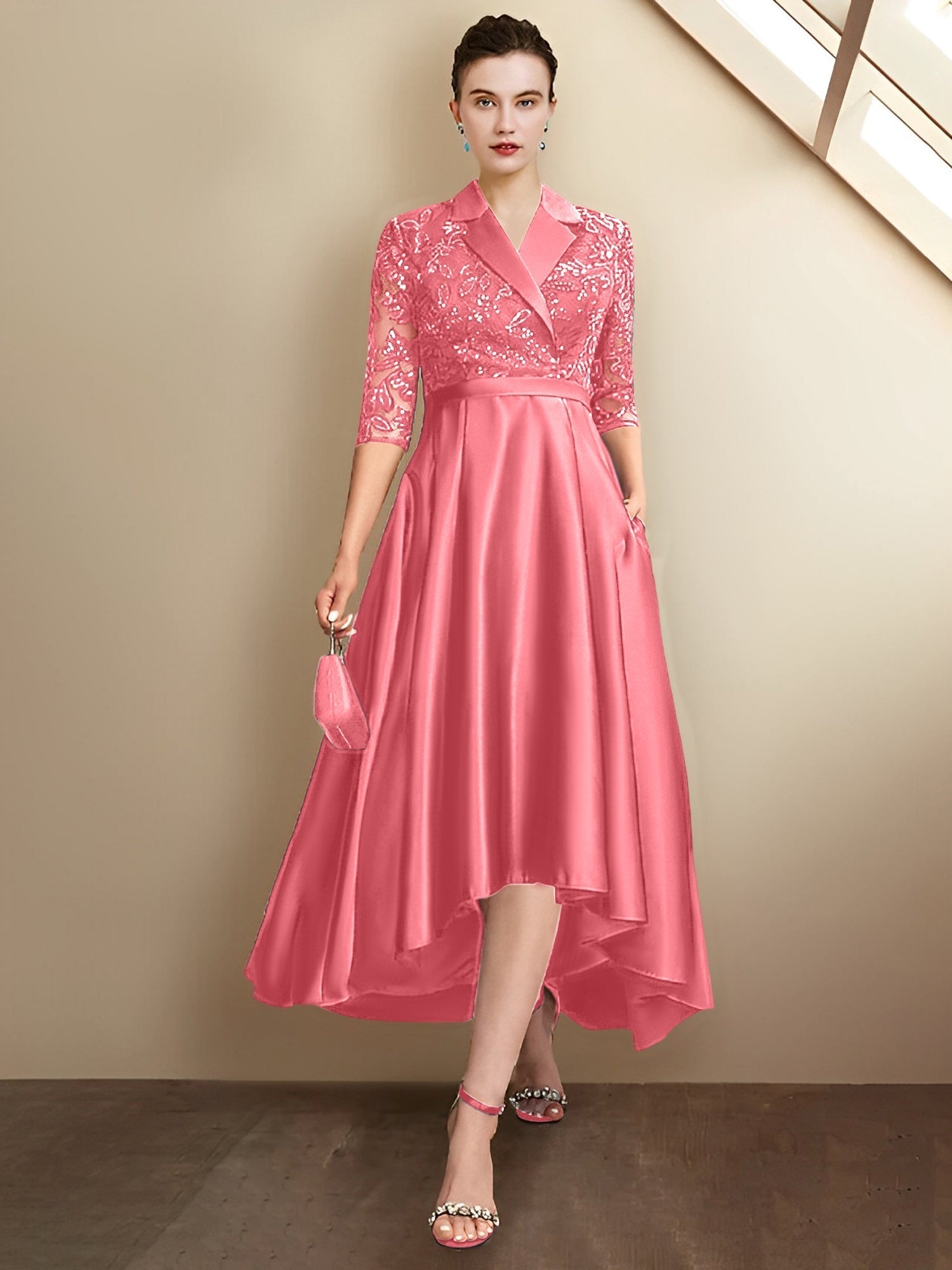 Vestidos de corte recto/columna con escote en V y largo hasta la rodilla para la madre de la novia 