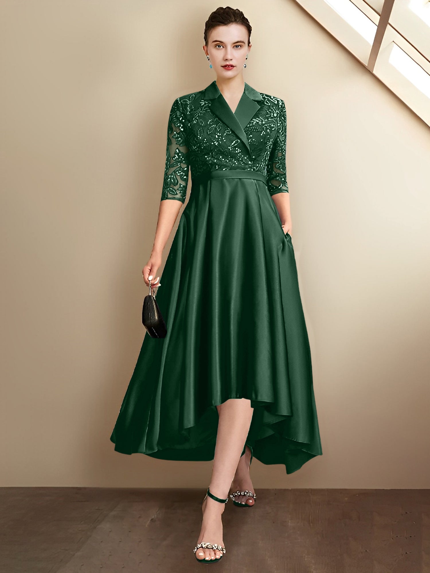 Vestidos de corte recto/columna con escote en V y largo hasta la rodilla para la madre de la novia 