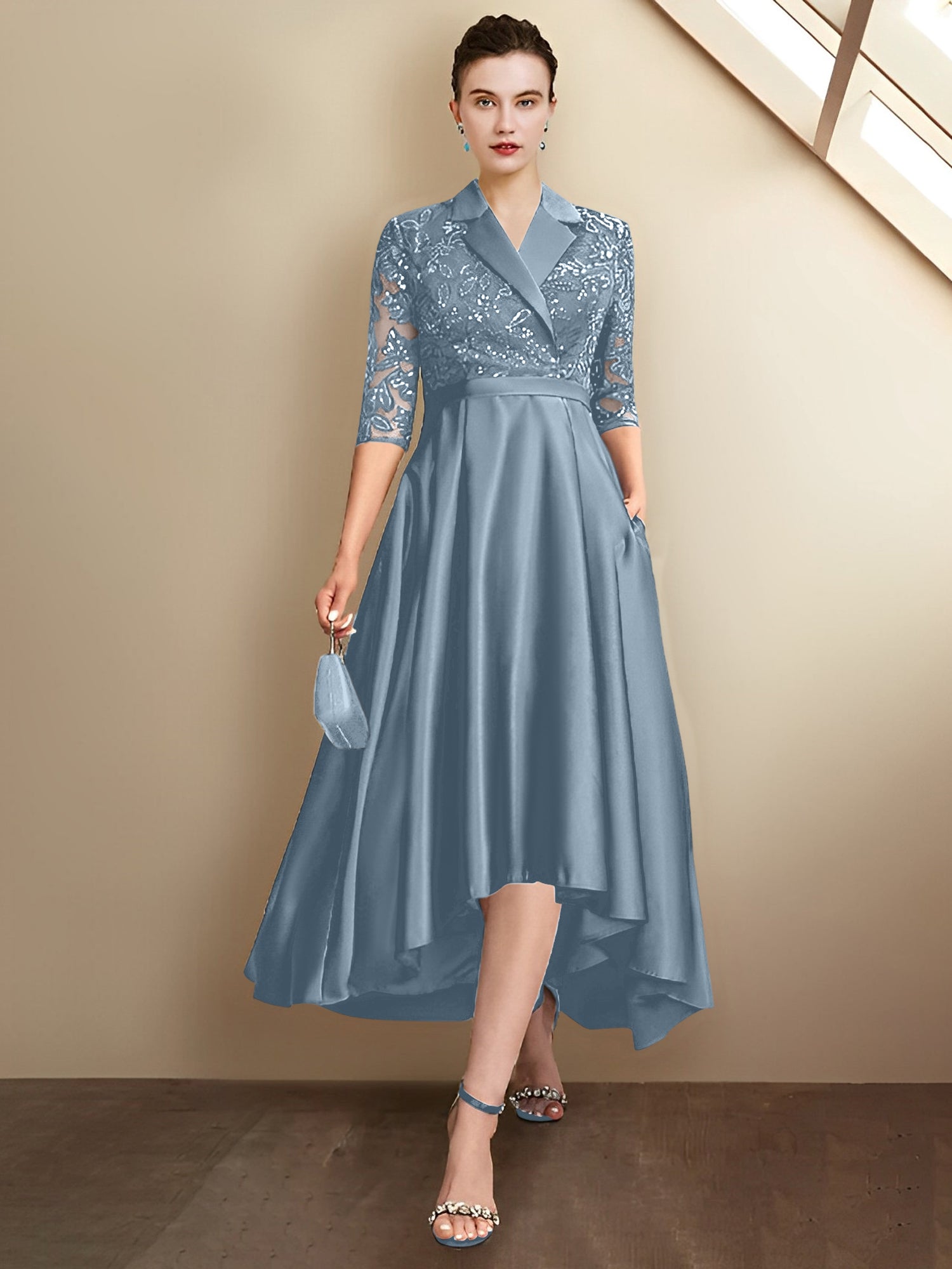 Vestidos de corte recto/columna con escote en V y largo hasta la rodilla para la madre de la novia 