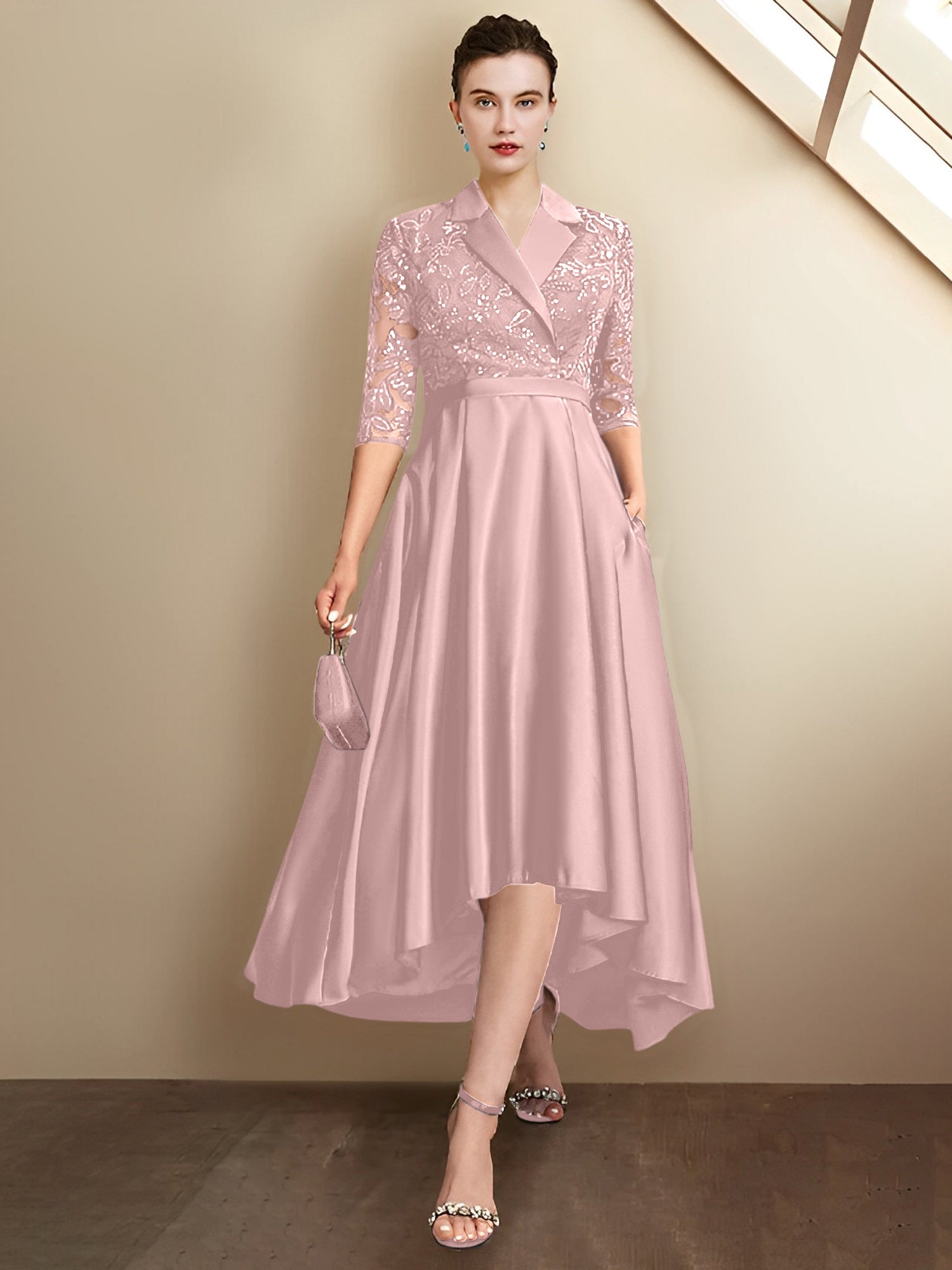 Vestidos de corte recto/columna con escote en V y largo hasta la rodilla para la madre de la novia 