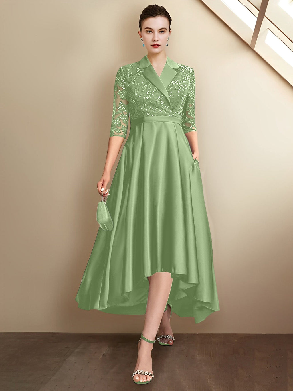 Robes fourreau/colonne à col en V et longueur thé pour la mère de la mariée 
