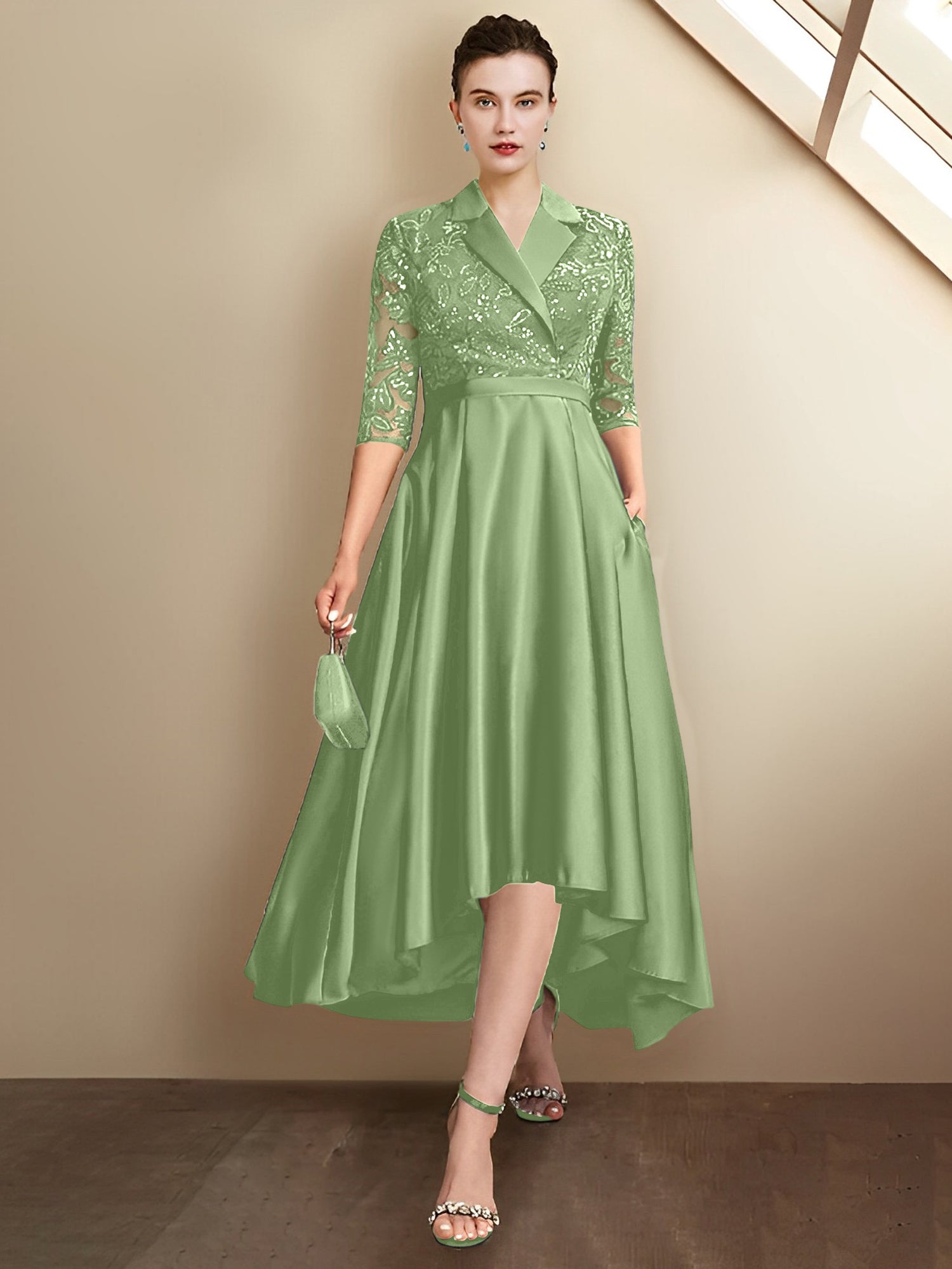 Vestidos de corte recto/columna con escote en V y largo hasta la rodilla para la madre de la novia 