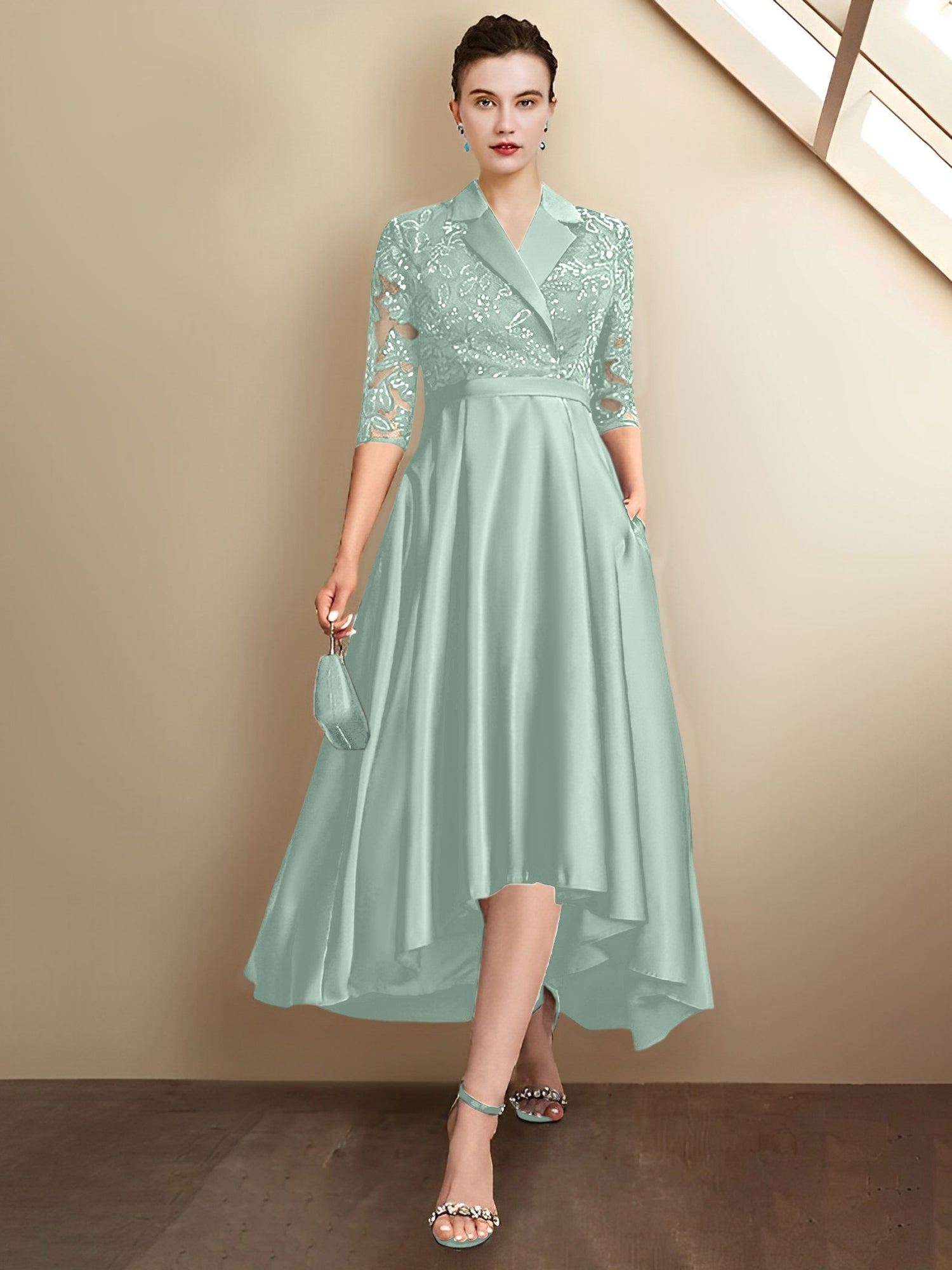 Vestidos de corte recto/columna con escote en V y largo hasta la rodilla para la madre de la novia 
