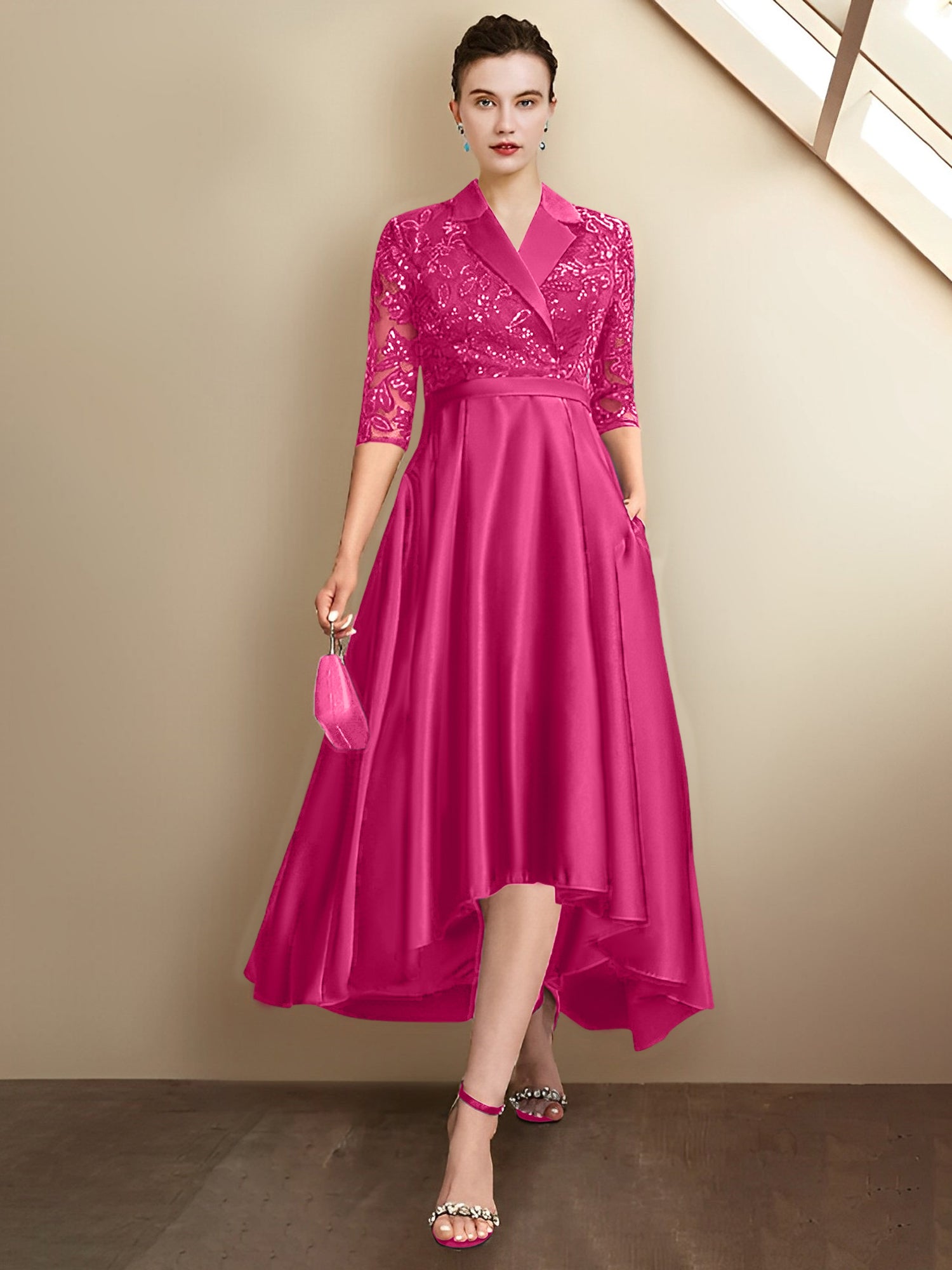 Robes fourreau/colonne à col en V et longueur thé pour la mère de la mariée 