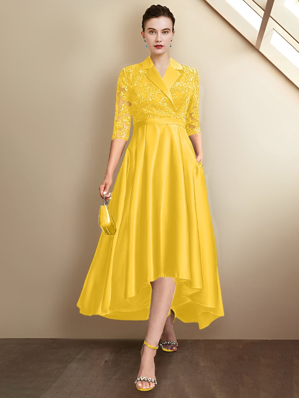 Robes fourreau/colonne à col en V et longueur thé pour la mère de la mariée 