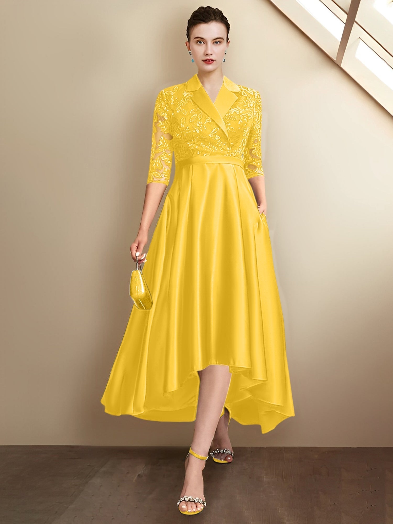 Robes fourreau/colonne à col en V et longueur thé pour la mère de la mariée 