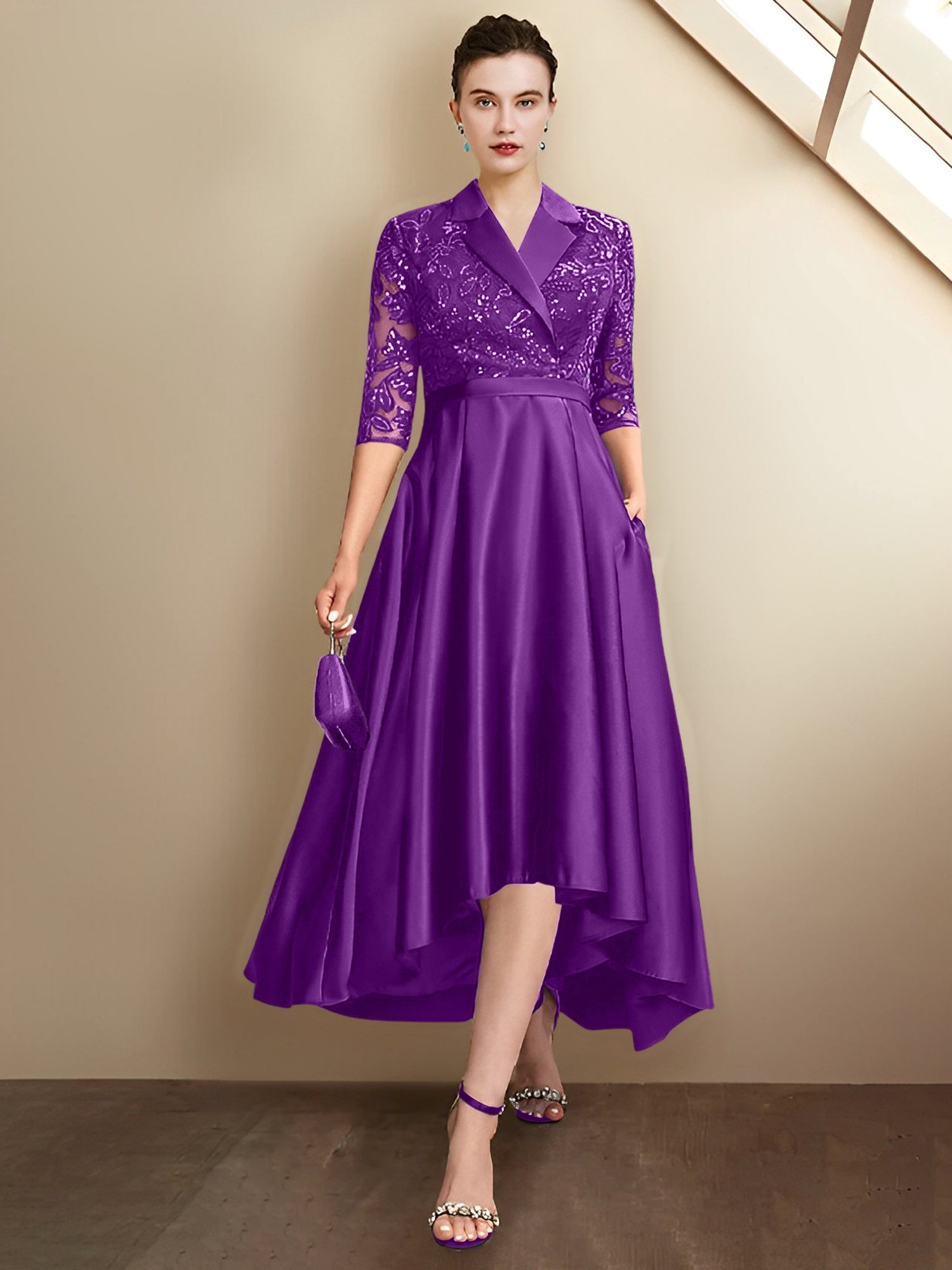 Vestidos de corte recto/columna con escote en V y largo hasta la rodilla para la madre de la novia 