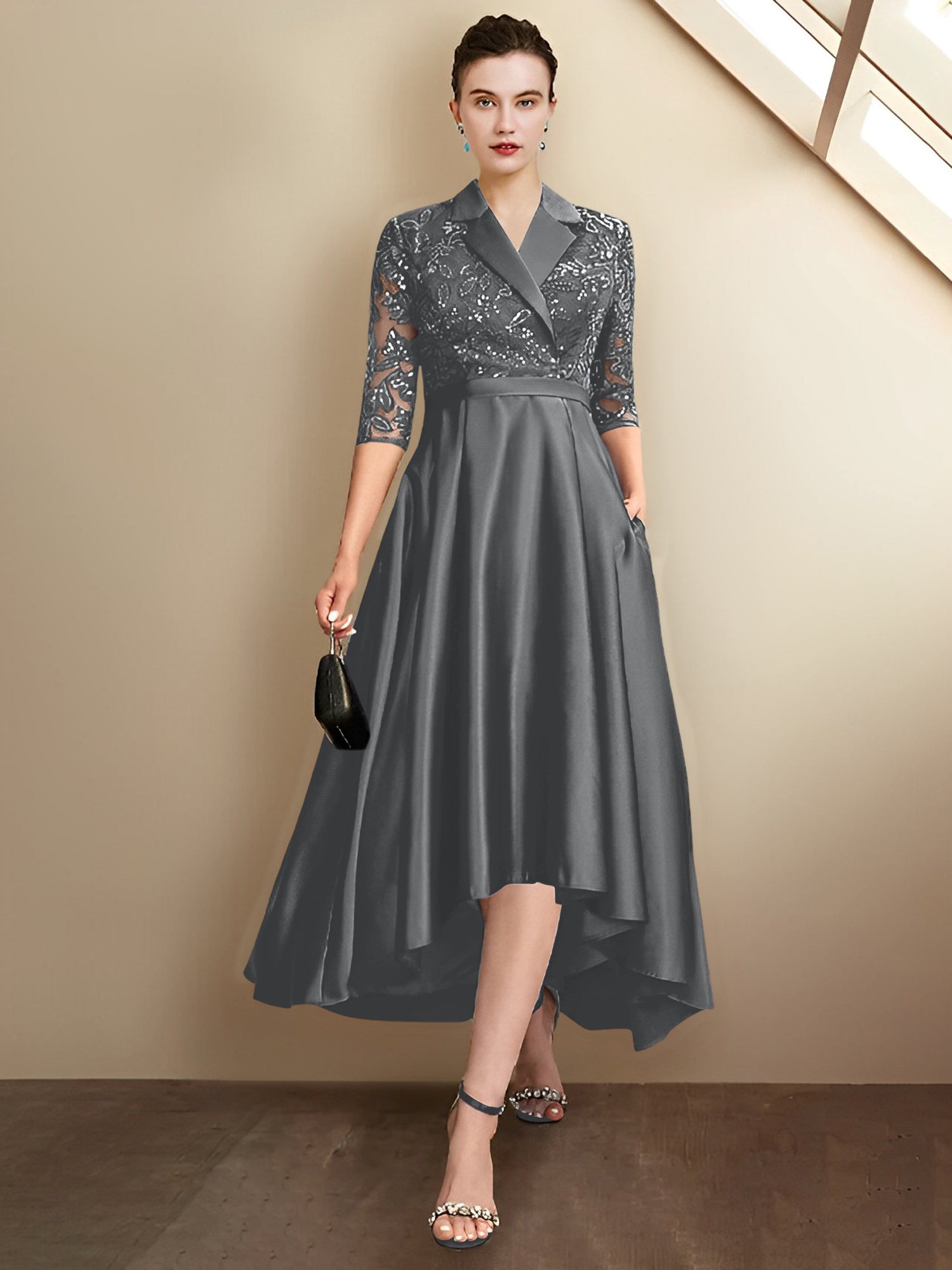Vestidos de corte recto/columna con escote en V y largo hasta la rodilla para la madre de la novia 