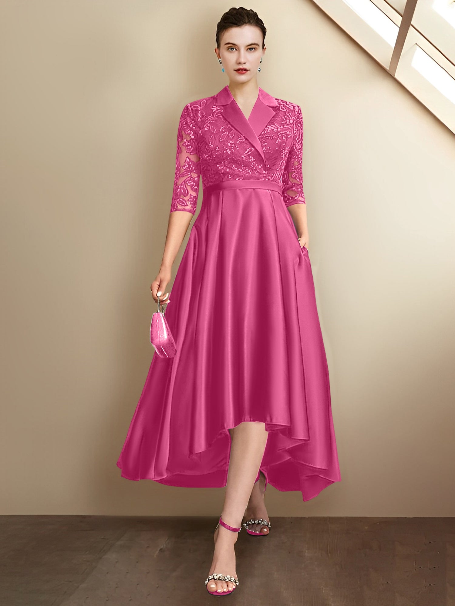 Vestidos de corte recto/columna con escote en V y largo hasta la rodilla para la madre de la novia 