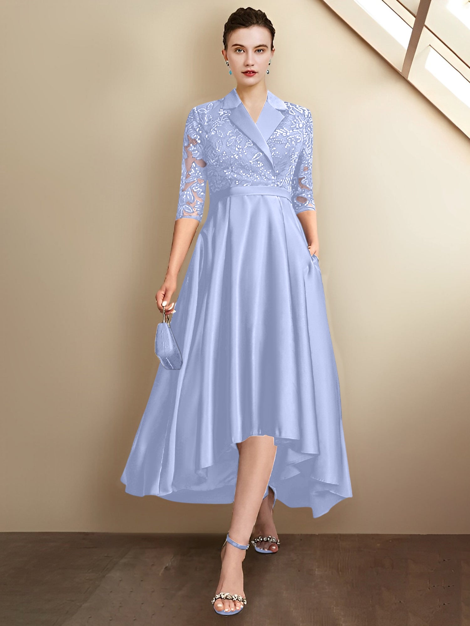 Vestidos de corte recto/columna con escote en V y largo hasta la rodilla para la madre de la novia 