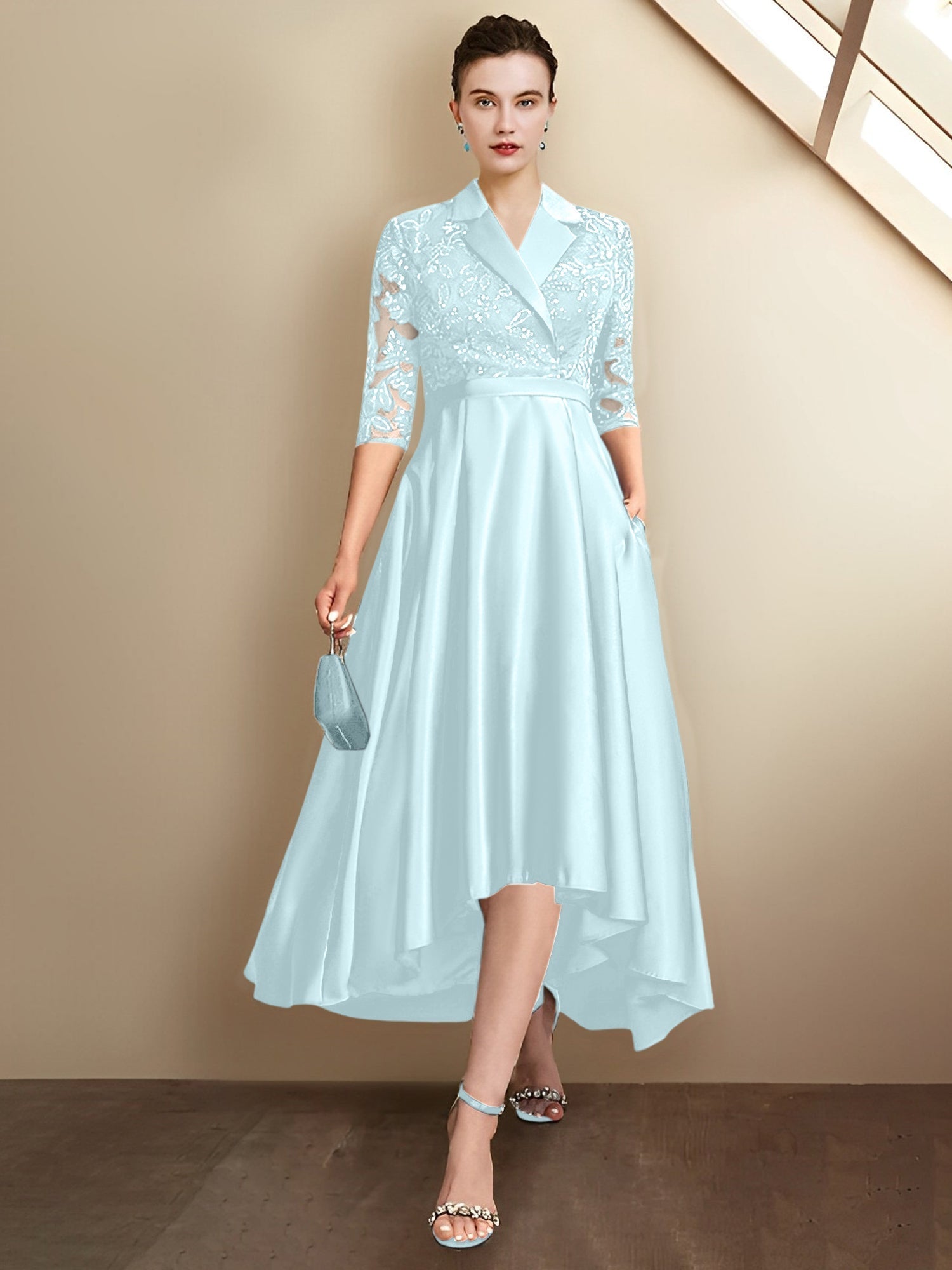 Robes fourreau/colonne à col en V et longueur thé pour la mère de la mariée 