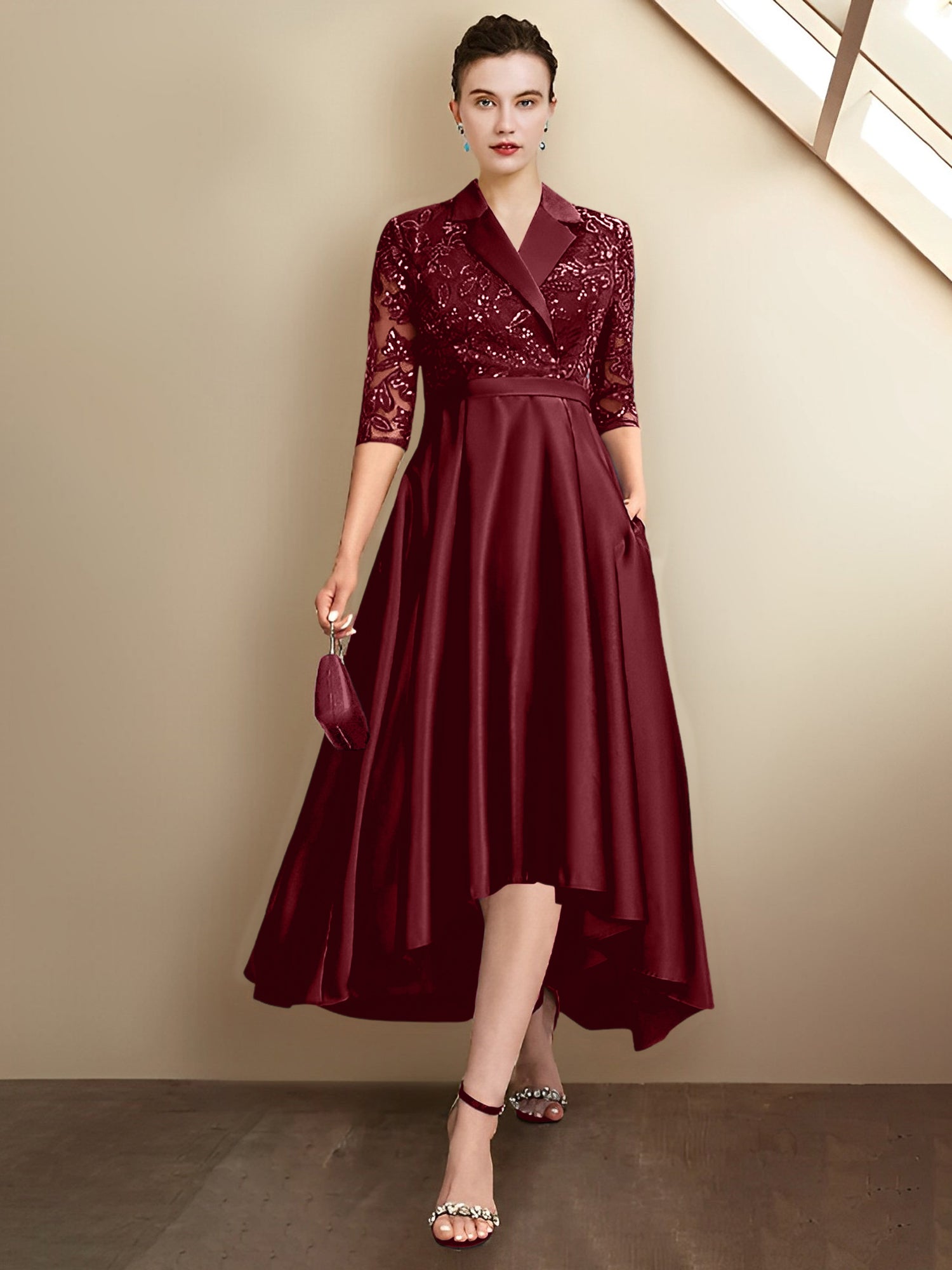 Robes fourreau/colonne à col en V et longueur thé pour la mère de la mariée 