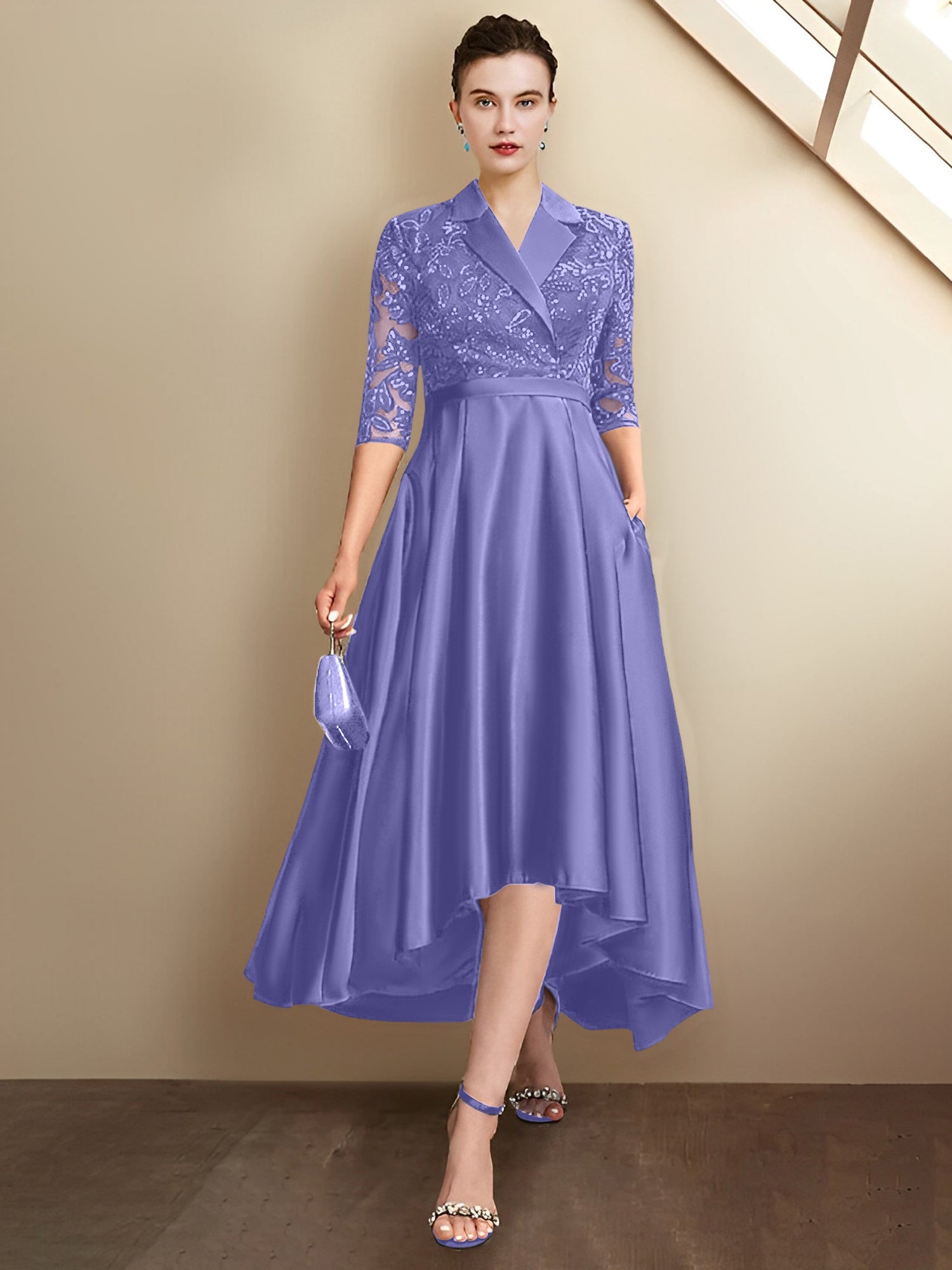 Robes fourreau/colonne à col en V et longueur thé pour la mère de la mariée 