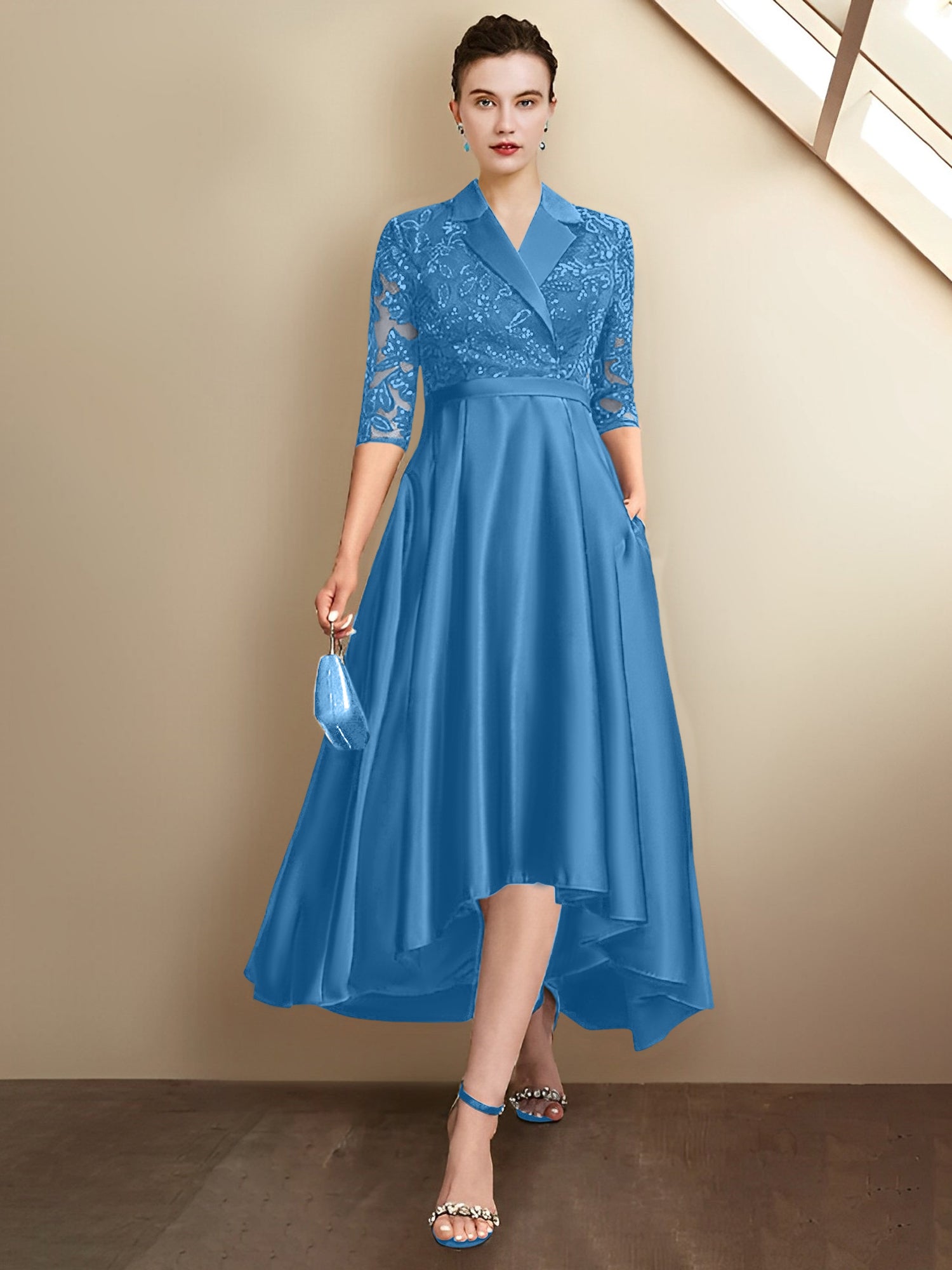 Vestidos de corte recto/columna con escote en V y largo hasta la rodilla para la madre de la novia 