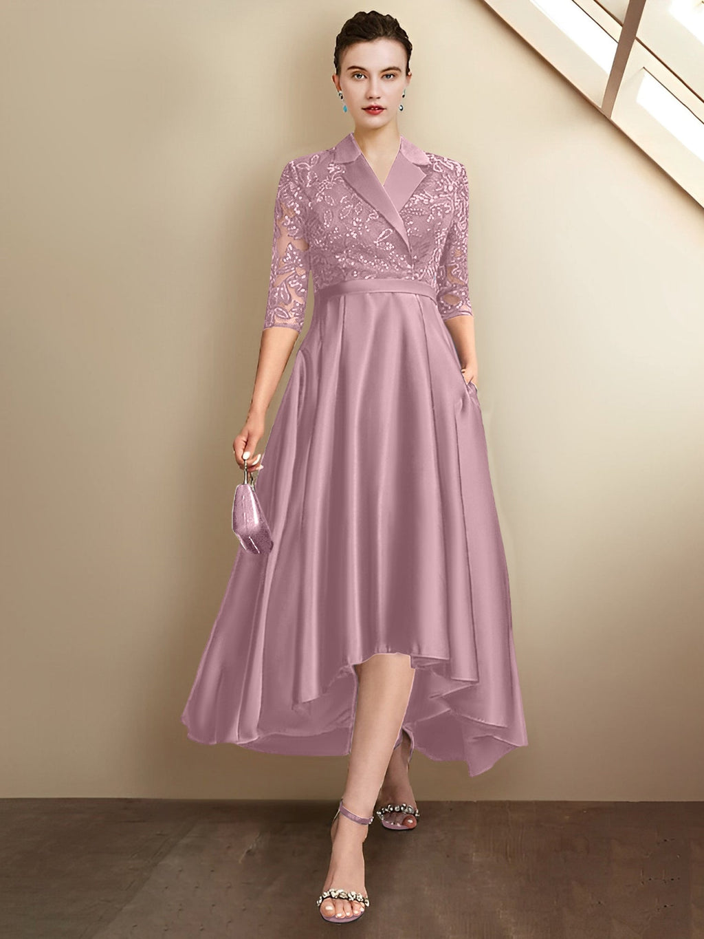 Robes fourreau/colonne à col en V et longueur thé pour la mère de la mariée 