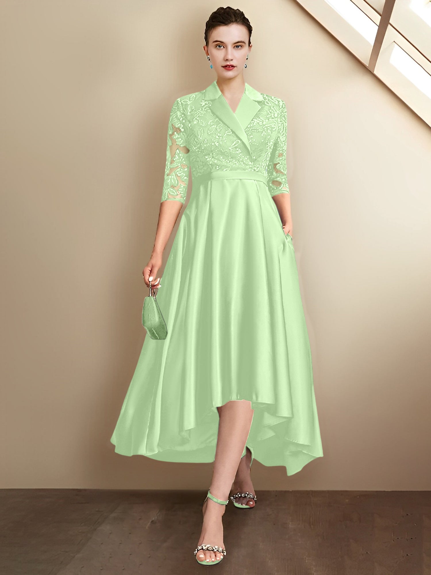 Robes fourreau/colonne à col en V et longueur thé pour la mère de la mariée 