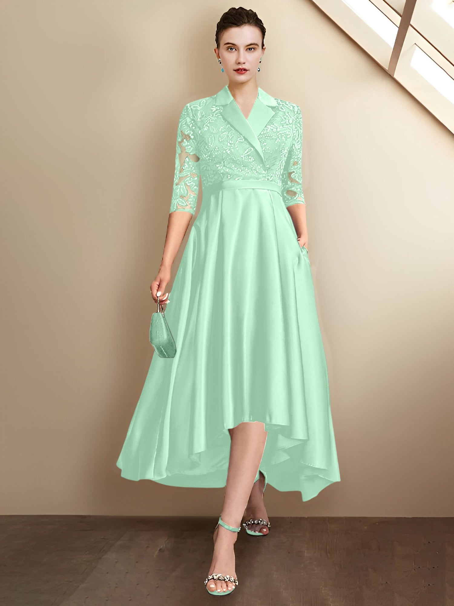Robes fourreau/colonne à col en V et longueur thé pour la mère de la mariée 