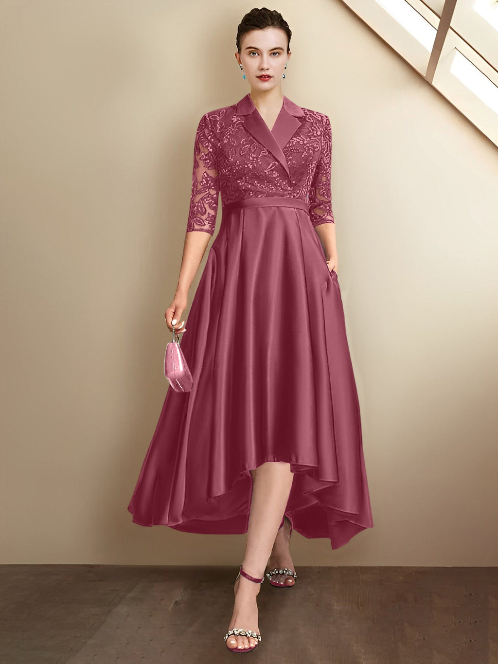 Robes fourreau/colonne à col en V et longueur thé pour la mère de la mariée 