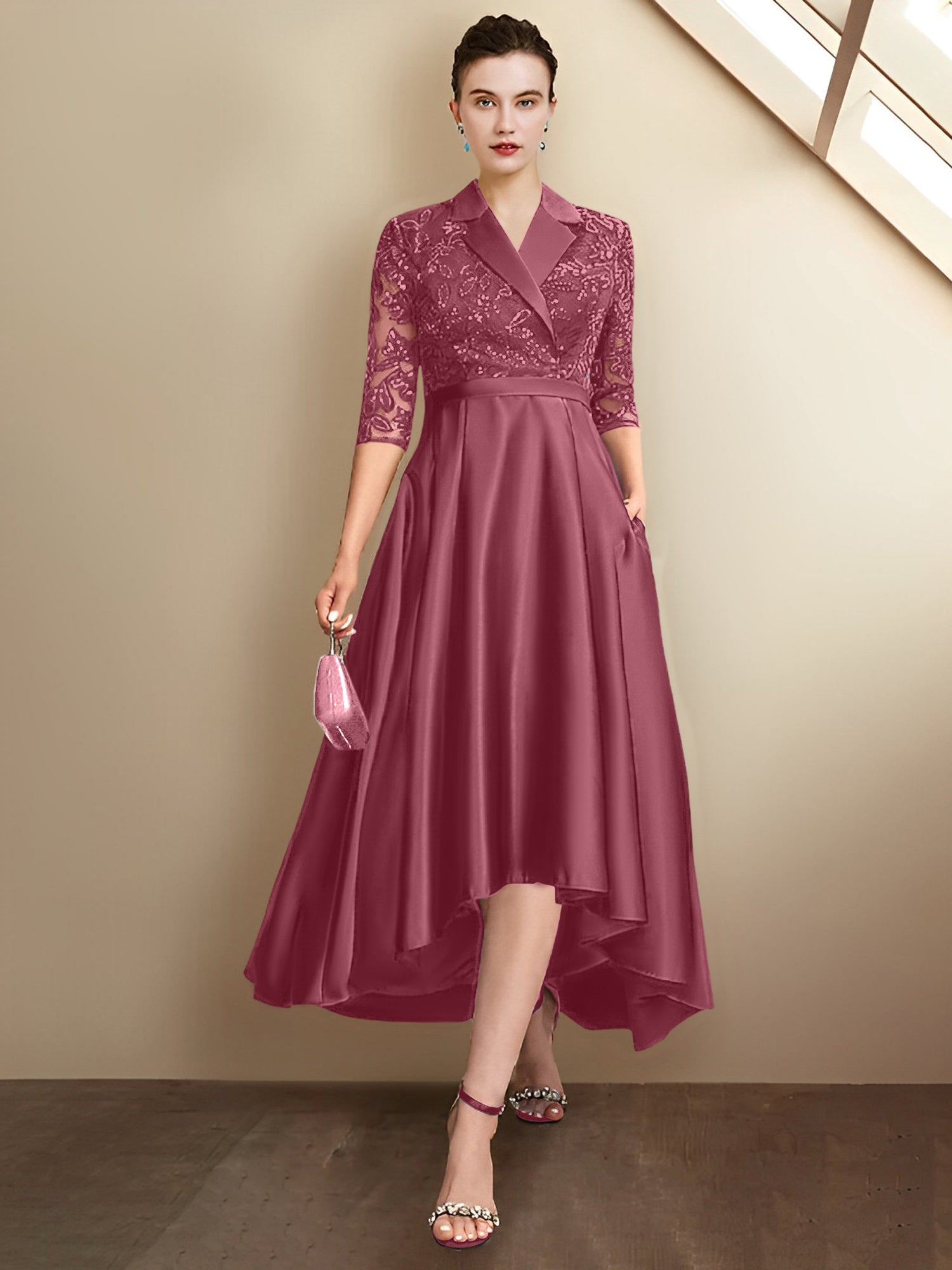 Vestidos de corte recto/columna con escote en V y largo hasta la rodilla para la madre de la novia 