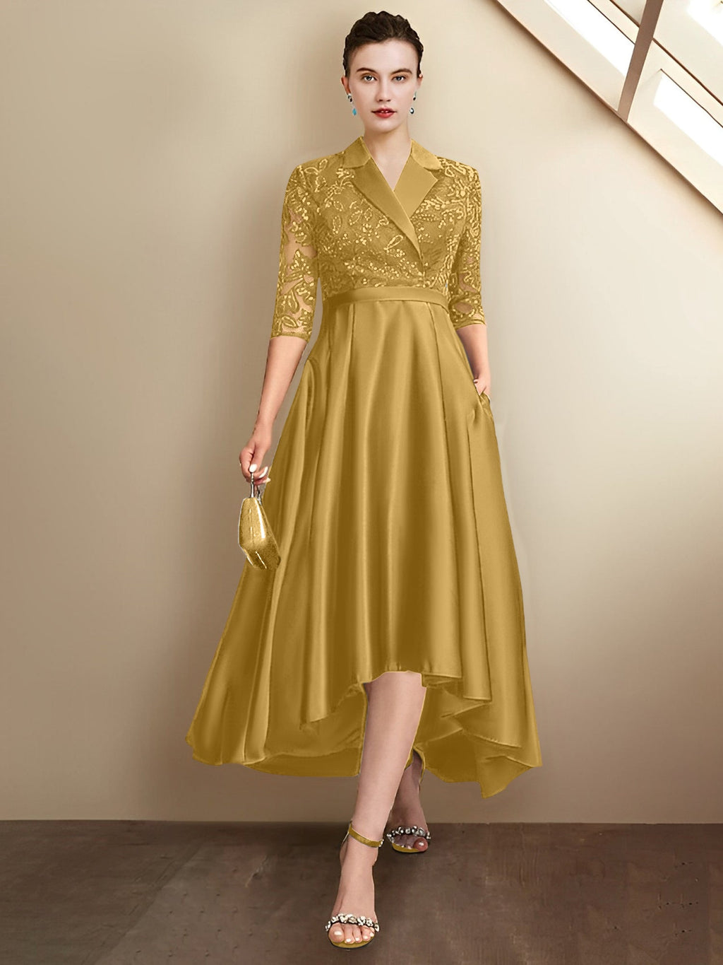 Robes fourreau/colonne à col en V et longueur thé pour la mère de la mariée 