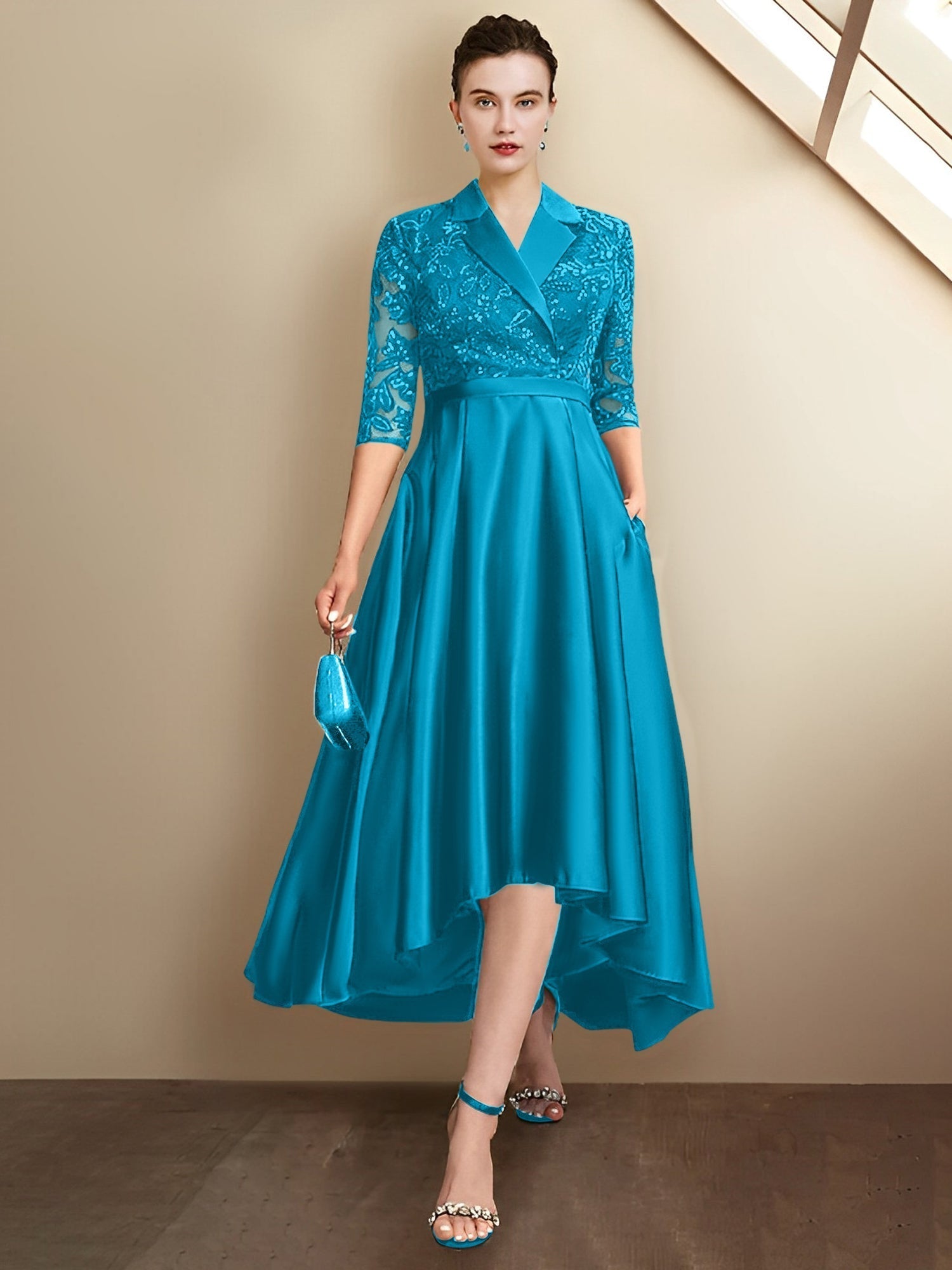 Robes fourreau/colonne à col en V et longueur thé pour la mère de la mariée 