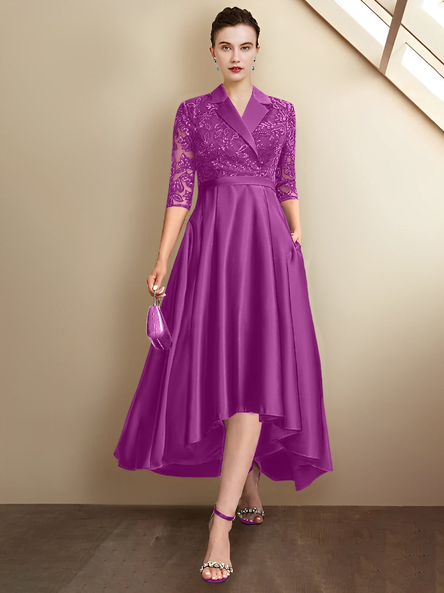 Robes fourreau/colonne à col en V et longueur thé pour la mère de la mariée 