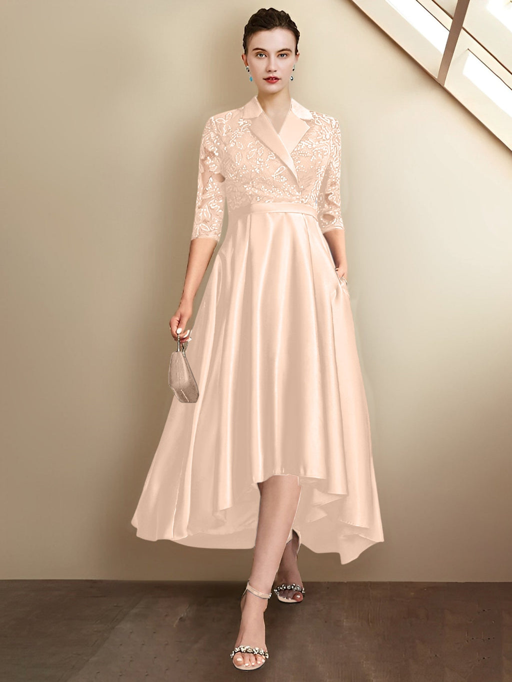 Robes fourreau/colonne à col en V et longueur thé pour la mère de la mariée 