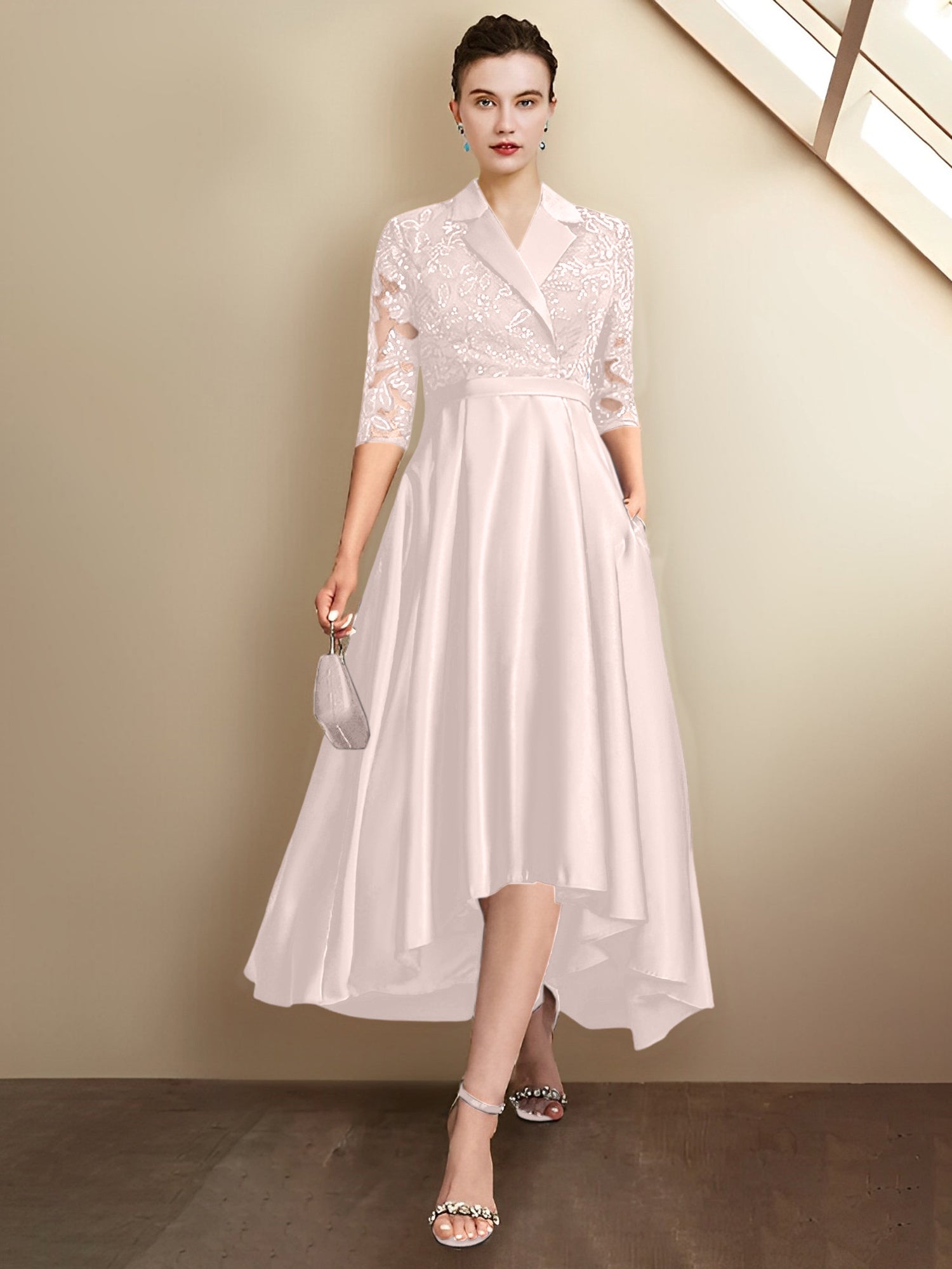 Vestidos de corte recto/columna con escote en V y largo hasta la rodilla para la madre de la novia 