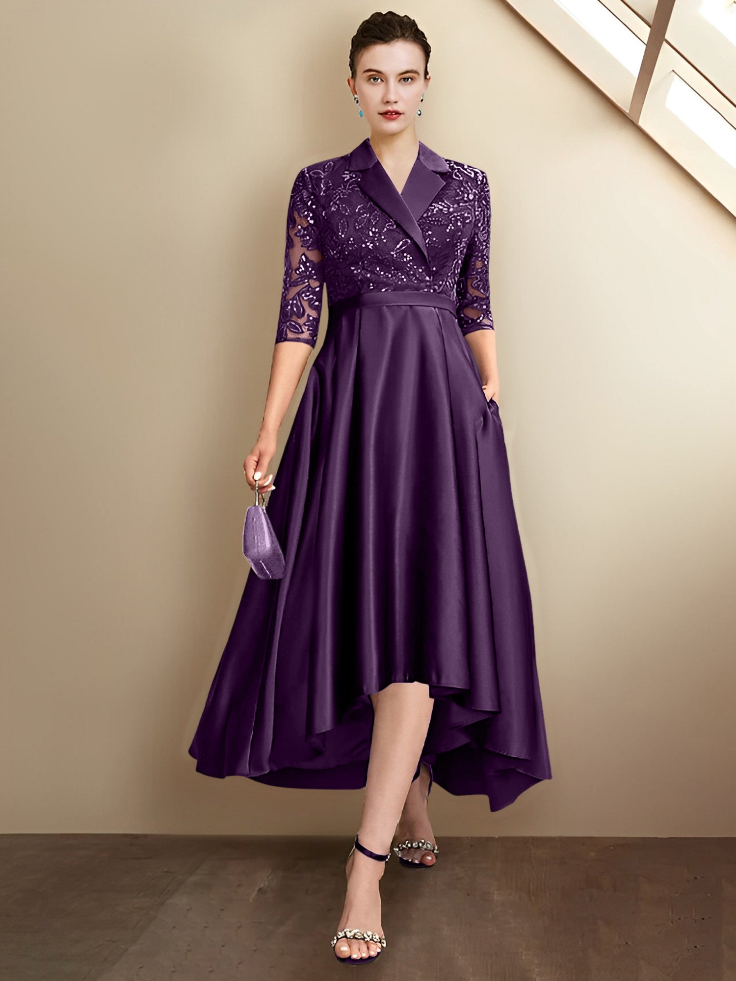 Robes fourreau/colonne à col en V et longueur thé pour la mère de la mariée 