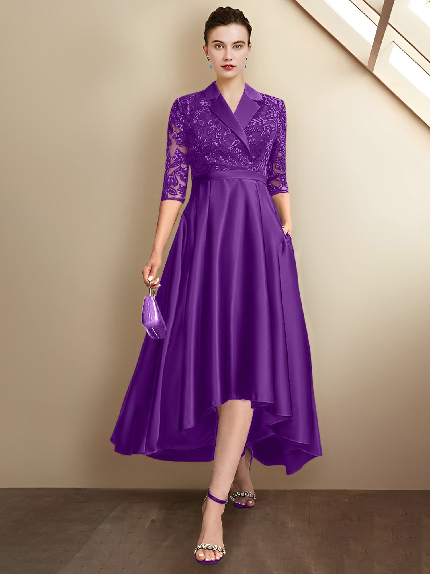 Robes fourreau/colonne à col en V et longueur thé pour la mère de la mariée 