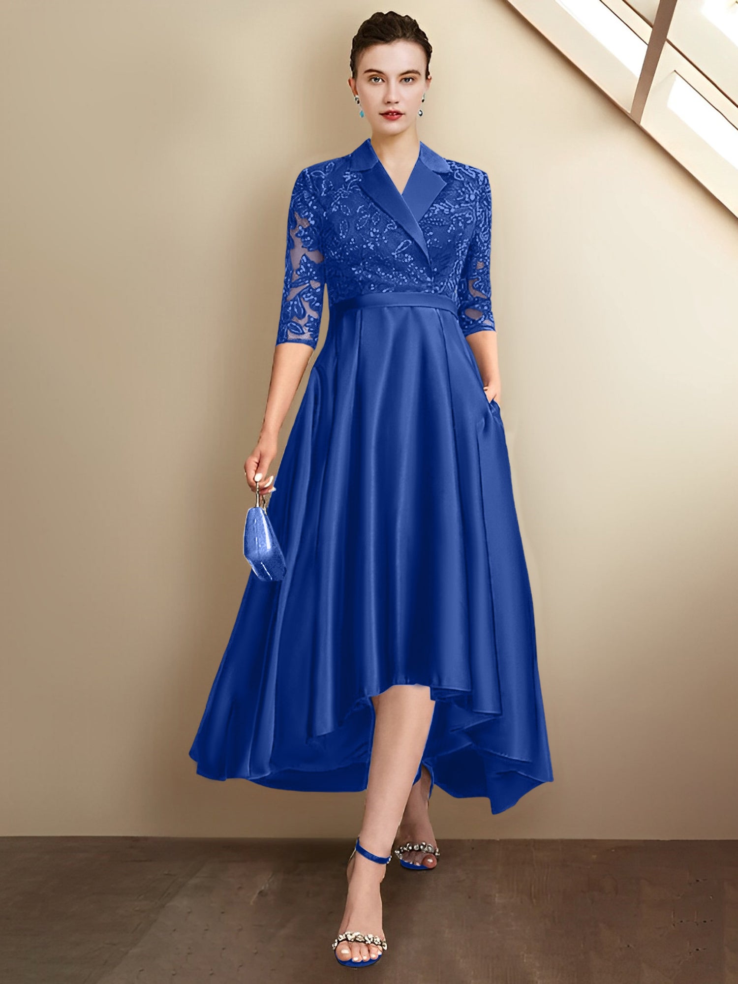Vestidos de corte recto/columna con escote en V y largo hasta la rodilla para la madre de la novia 