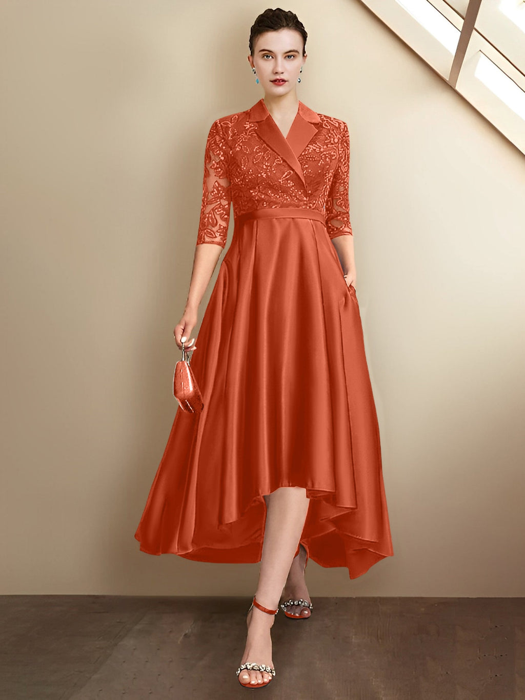 Robes fourreau/colonne à col en V et longueur thé pour la mère de la mariée 