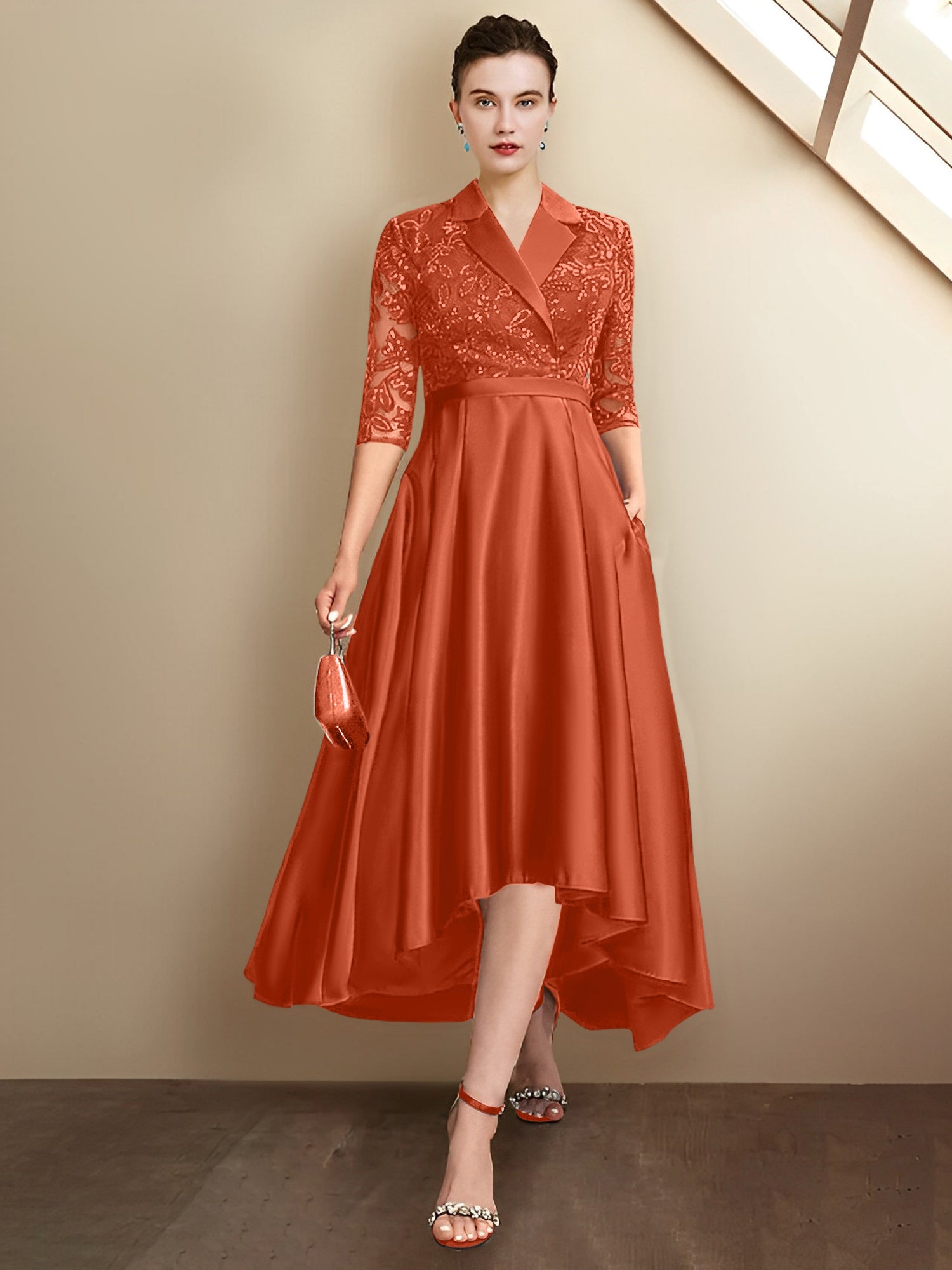 Vestidos de corte recto/columna con escote en V y largo hasta la rodilla para la madre de la novia 