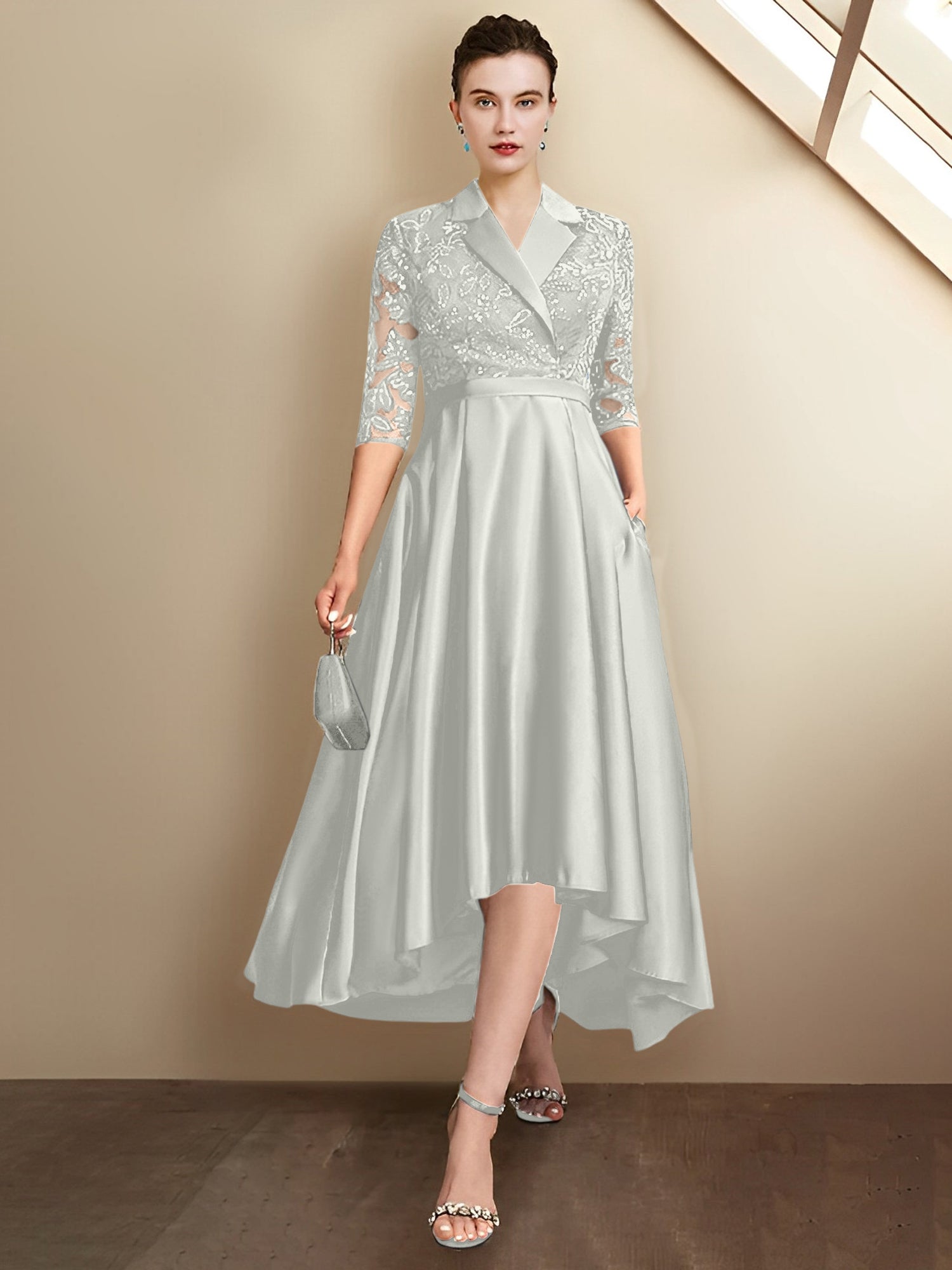 Vestidos de corte recto/columna con escote en V y largo hasta la rodilla para la madre de la novia 