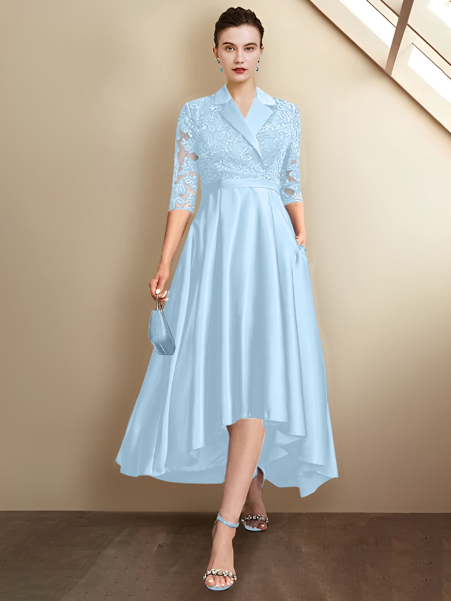 Vestidos de corte recto/columna con escote en V y largo hasta la rodilla para la madre de la novia 
