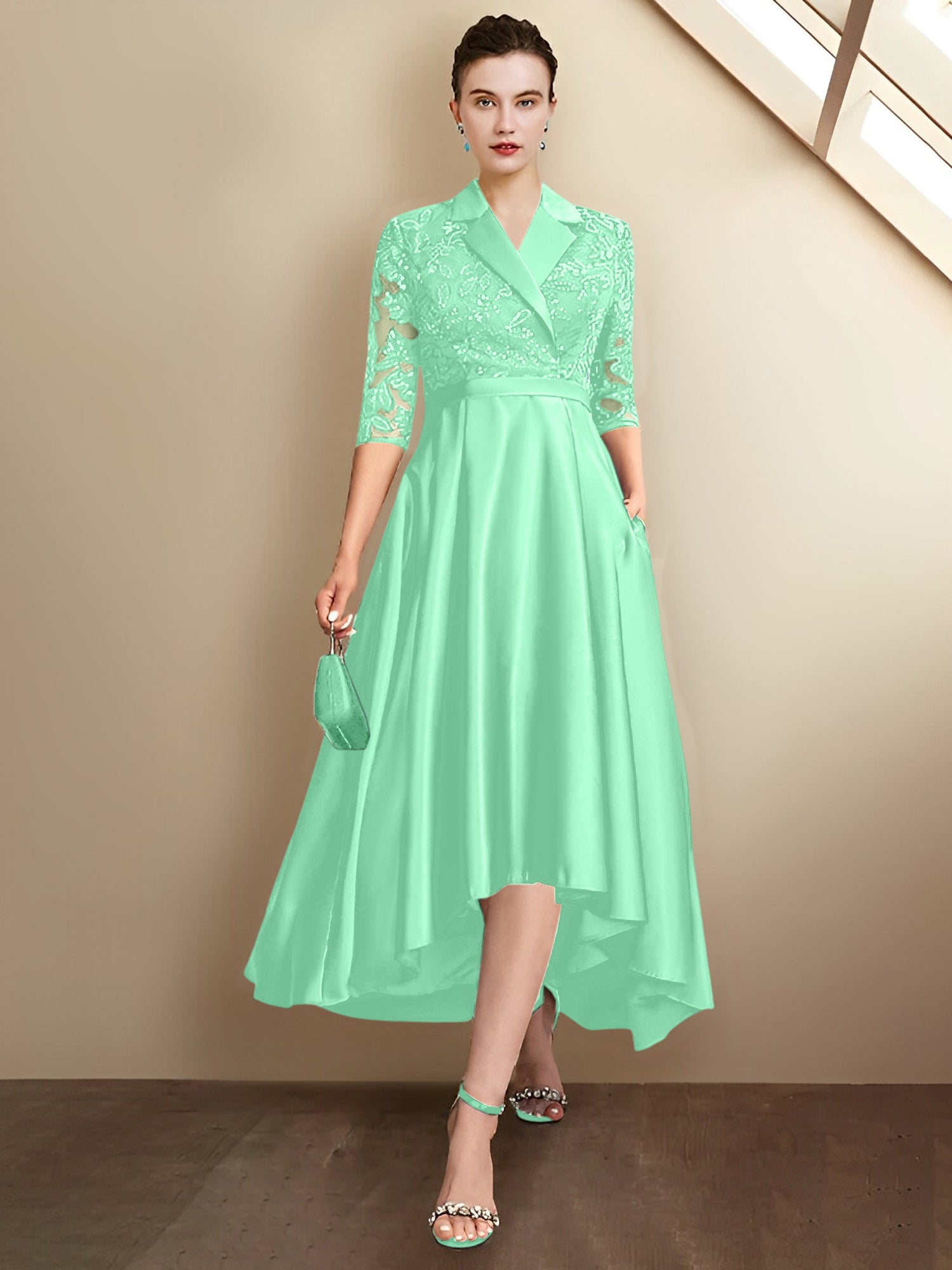 Robes fourreau/colonne à col en V et longueur thé pour la mère de la mariée 