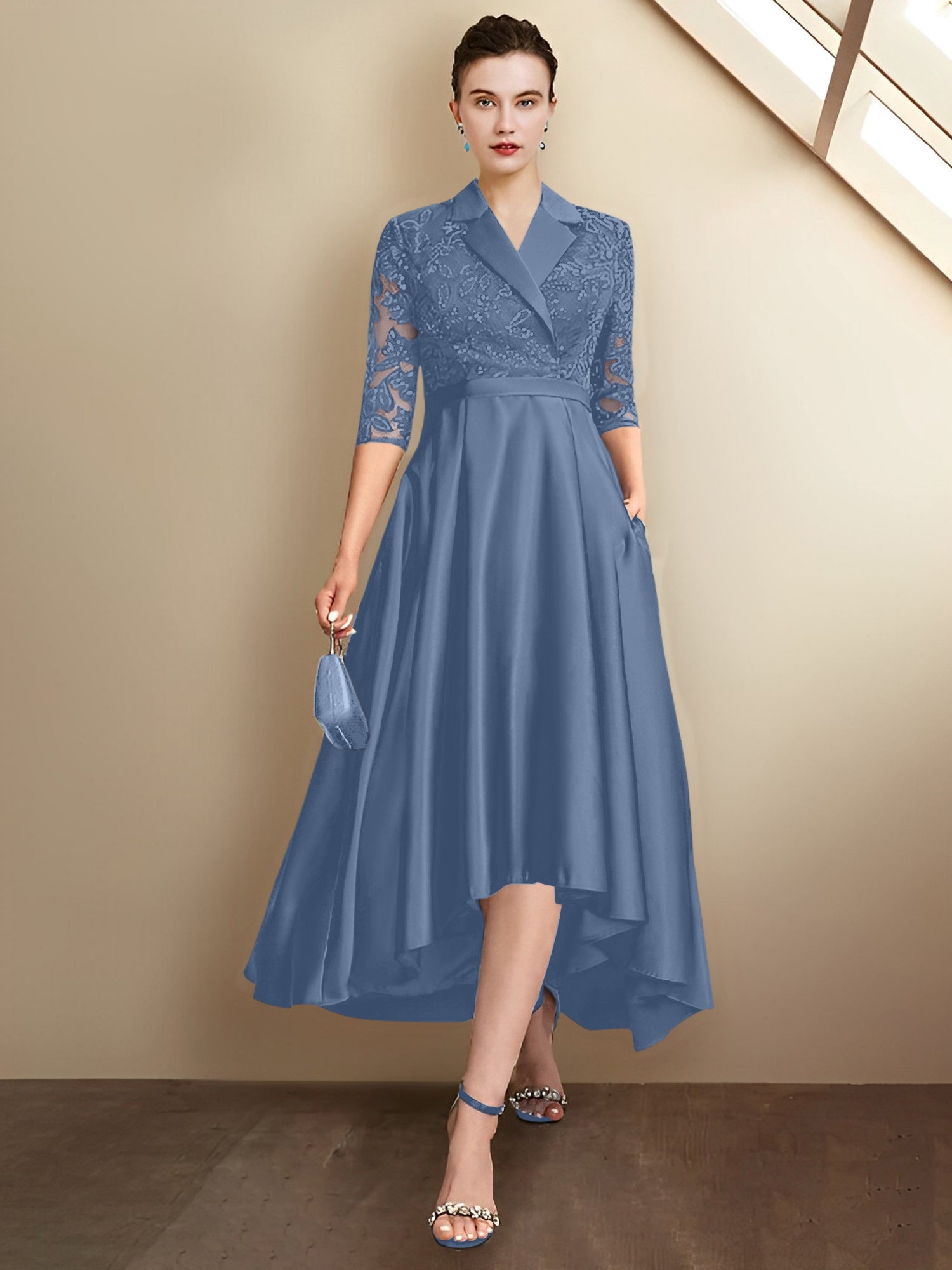 Vestidos de corte recto/columna con escote en V y largo hasta la rodilla para la madre de la novia 