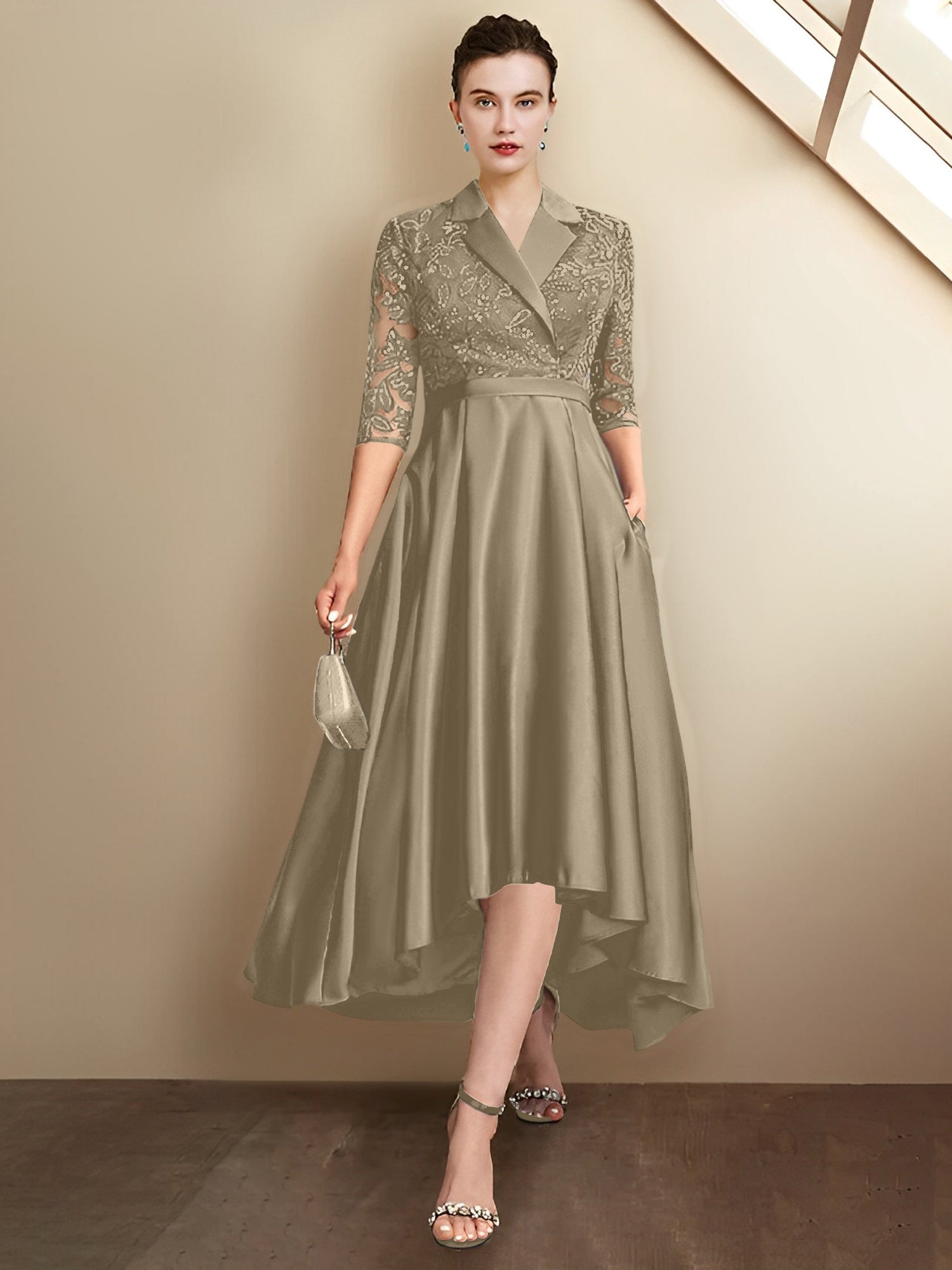Robes fourreau/colonne à col en V et longueur thé pour la mère de la mariée 