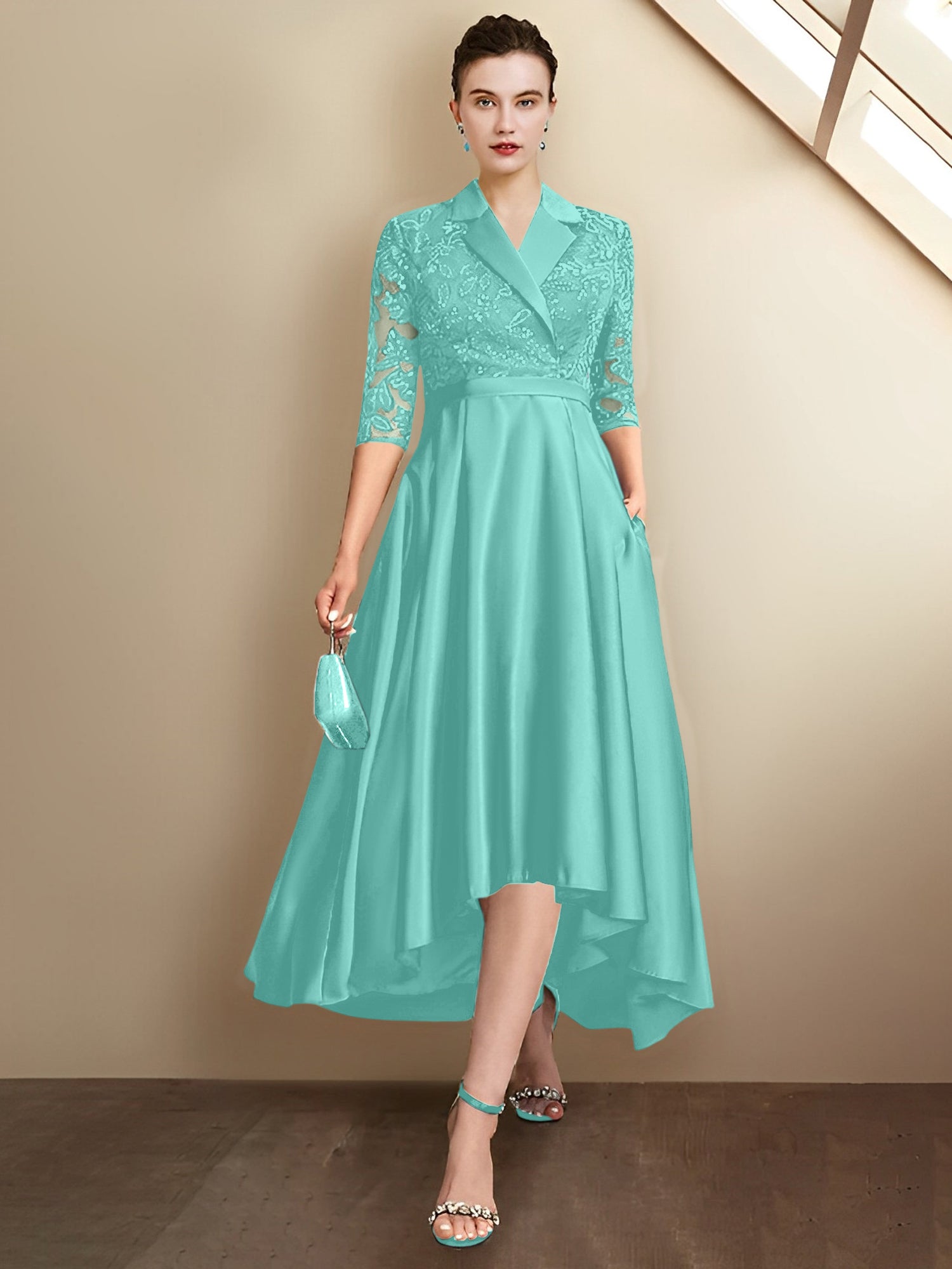Vestidos de corte recto/columna con escote en V y largo hasta la rodilla para la madre de la novia 