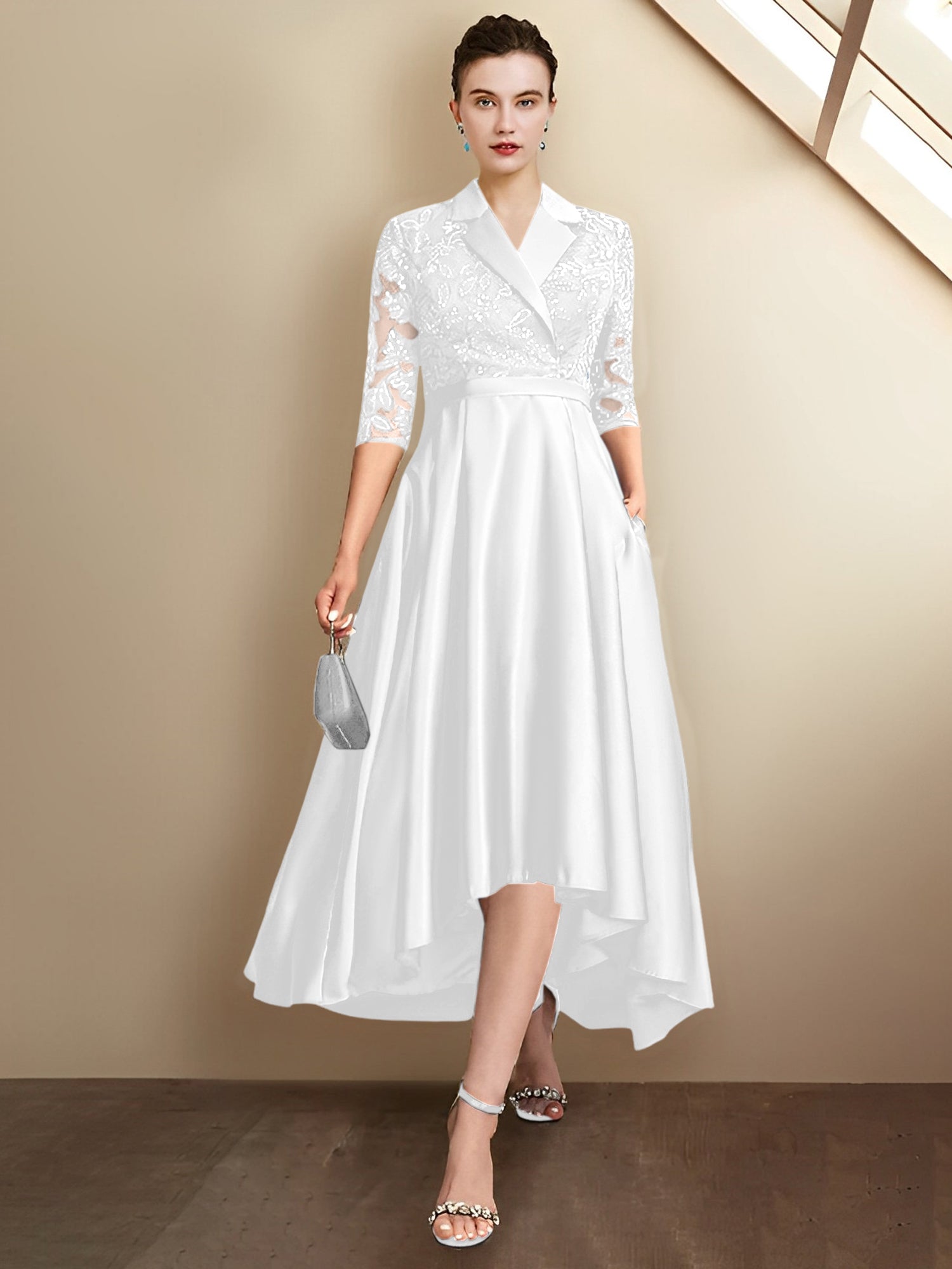 Vestidos de corte recto/columna con escote en V y largo hasta la rodilla para la madre de la novia 