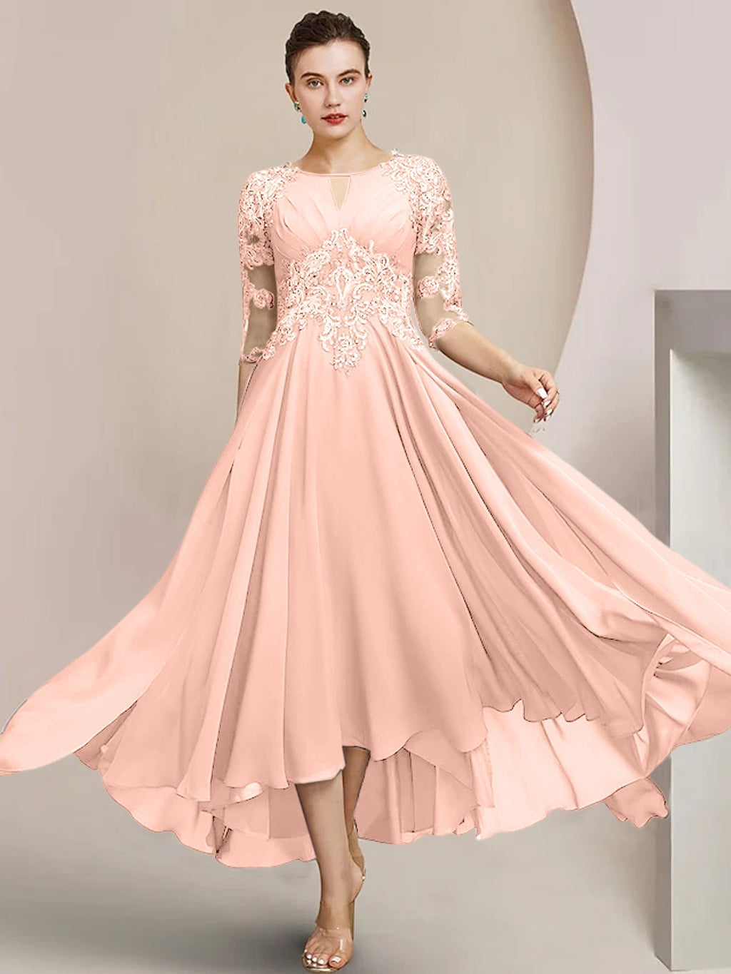 Robes de mère de la mariée coupe trapèze/décolleté princesse, longueur thé 