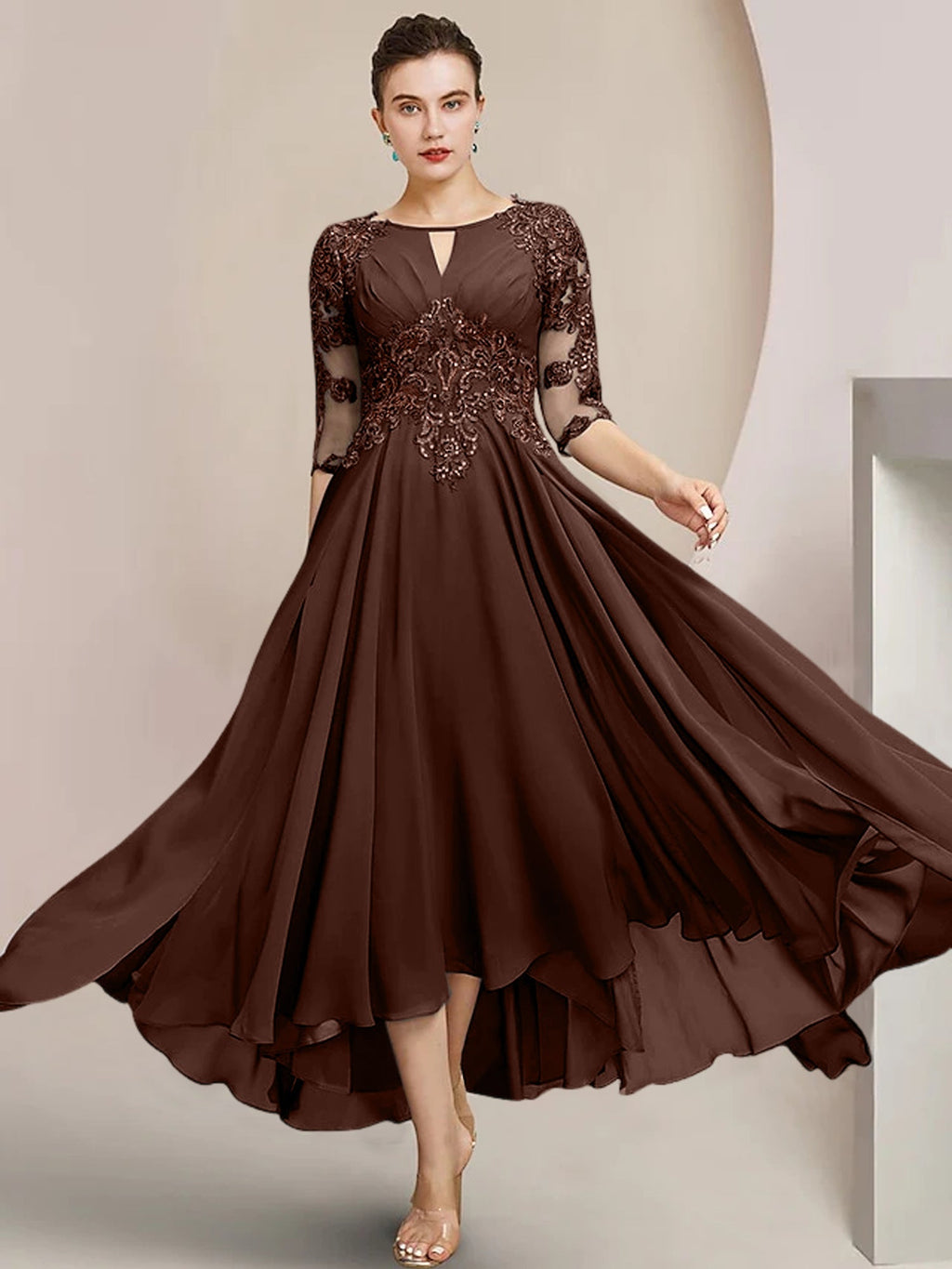 Robes de mère de la mariée coupe trapèze/décolleté princesse, longueur thé 